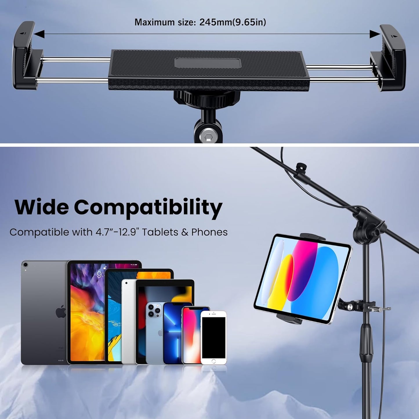 CreaDream 4.7 13 inch Tablet Holder for Microphone Stand, Aluminum Mic Music Stand Holder Mount for Phone and iPad
