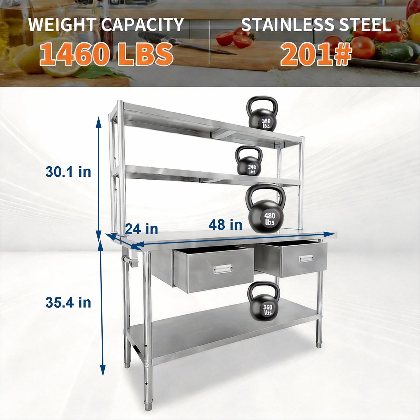 Stainless Steel Table with Overshelves and Drawers, 48" X 24" Heavy Duty Commercial Work & Prep Table with Adjustable Undershelf, Work Tables Workbench for Home Restaurant Kitchen Garage