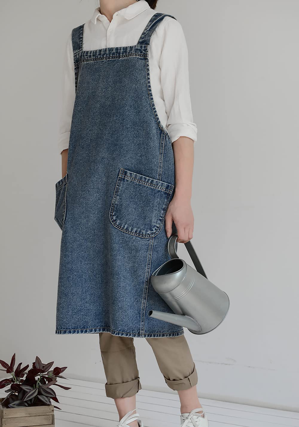 BCHWAY FAMILY Denim Apron with Large Pockets for Cooking Kitchens, Gardening Aprons for Women Men, Bib Jean Apron for Arts Cafe Work (Style B, Deep Blue)