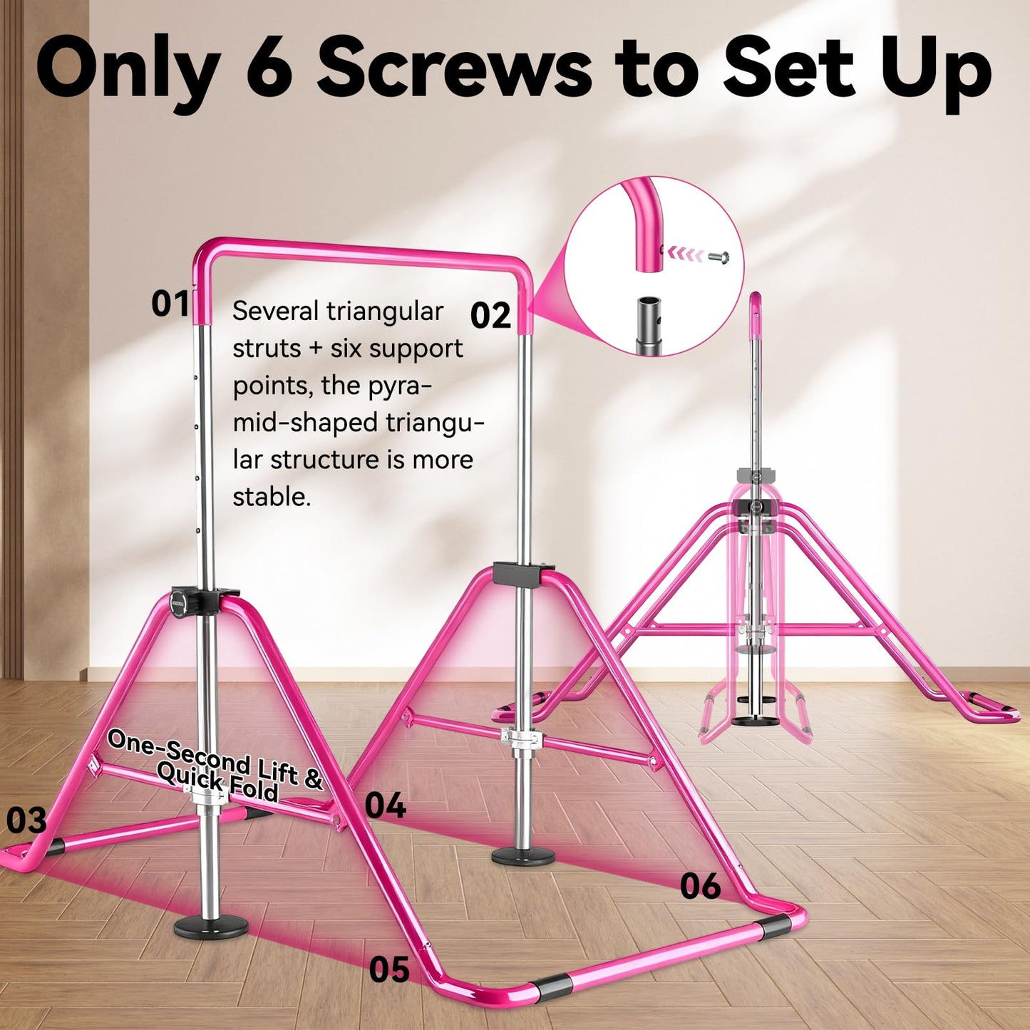 WATBKHE Kids Gymnastics Bar Gymnastic Equipment for Home Adjustable Height Gymnastic Training Bar Gymnastic Stuff for 3-7 Years Old Girls (Pink)