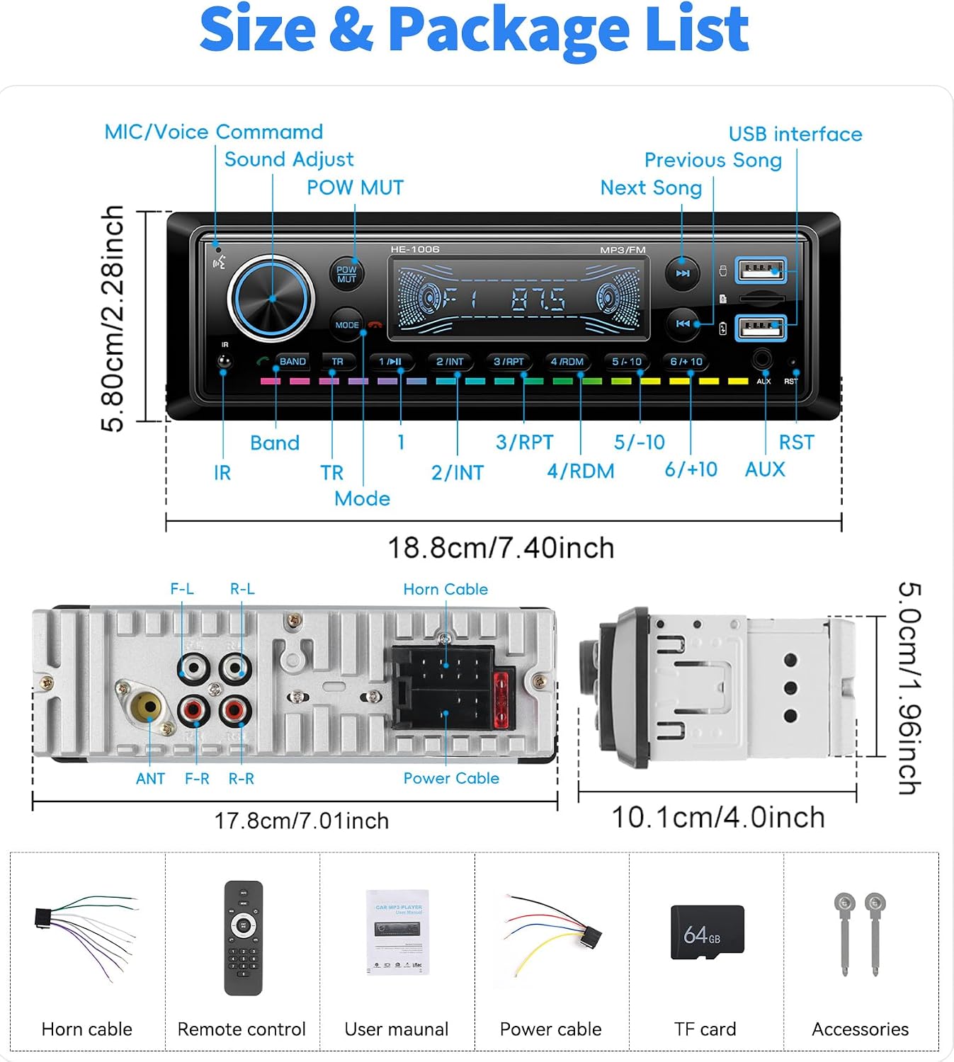 SIXTOP 5.0 64G MP3 Single Din Car Stereo Bluetooth Audio Radio with Card FM Receiver Digital Music Radio Player Support