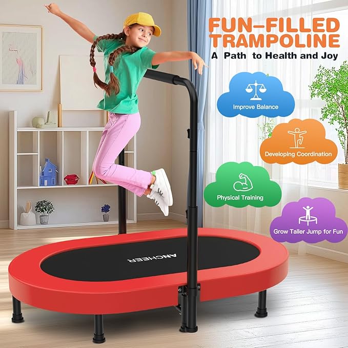 ANCHEER 56'' Foldable Mini Trampoline with Adjustable Handle - Indoor/Outdoor Rebounder for Kids & Toddlers Safe Oval Fitness Trampoline with Bar for Home Fun