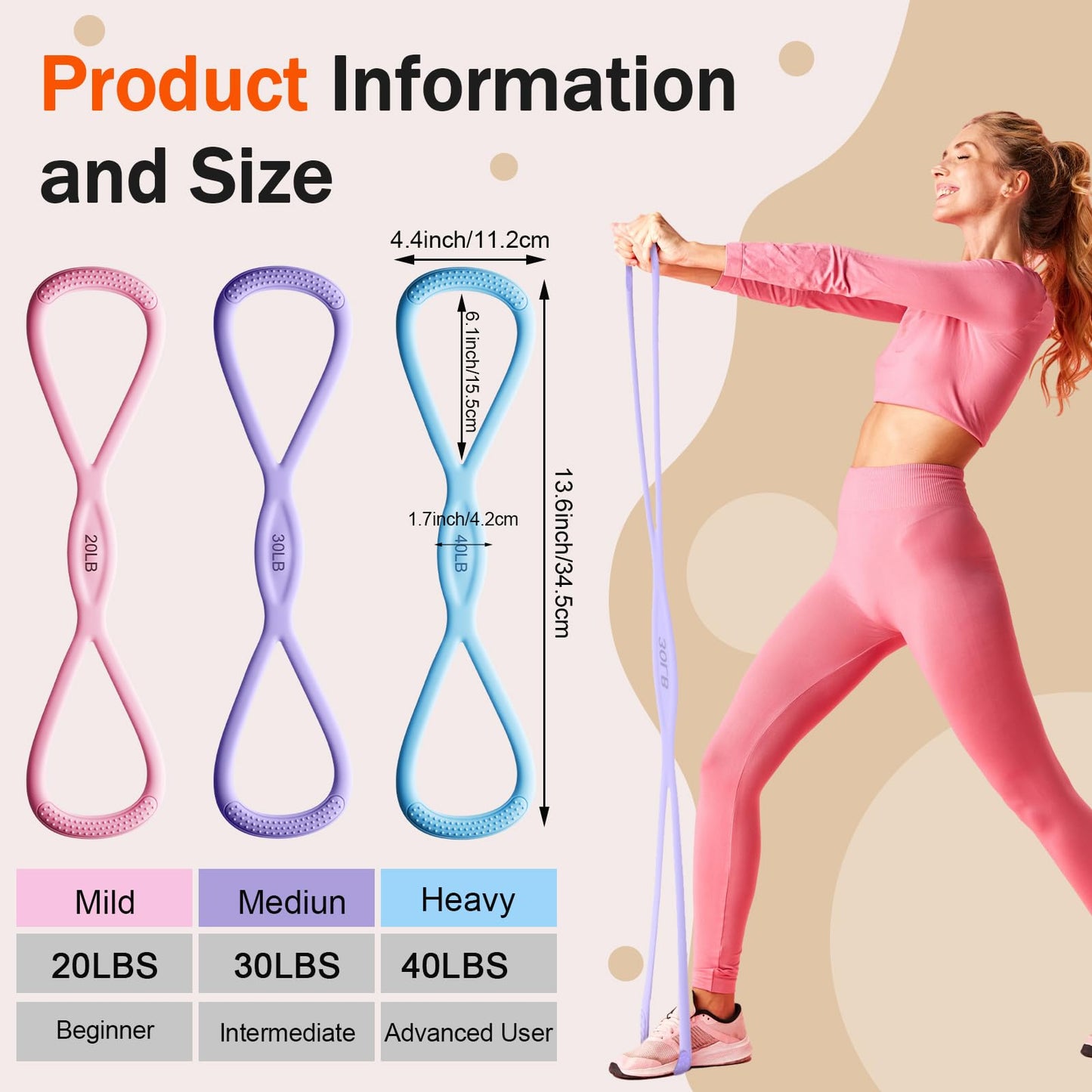 Soulchen 3 Pack Figure 8 Resistance Band with Handles, 8 Shaped Exercise Band for Back, Arms, Shoulder, Leg Stretching, Yoga, Gym Workout (20/30/40 Lbs,Pink,Purple,Blue)