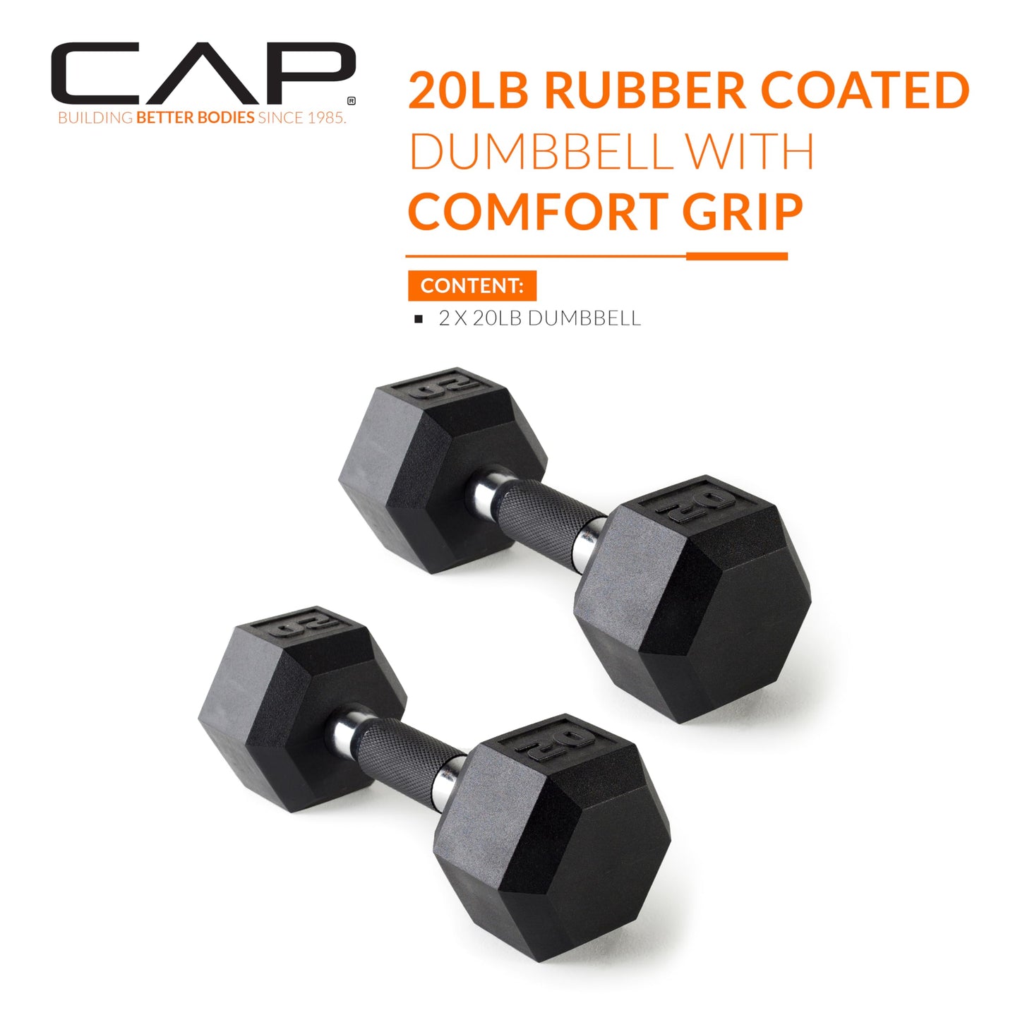 CAP Barbell 20 LB Rubber Coated Hex Dumbbell Hand Weight with Padded Grip - Pair | Comfort Grip