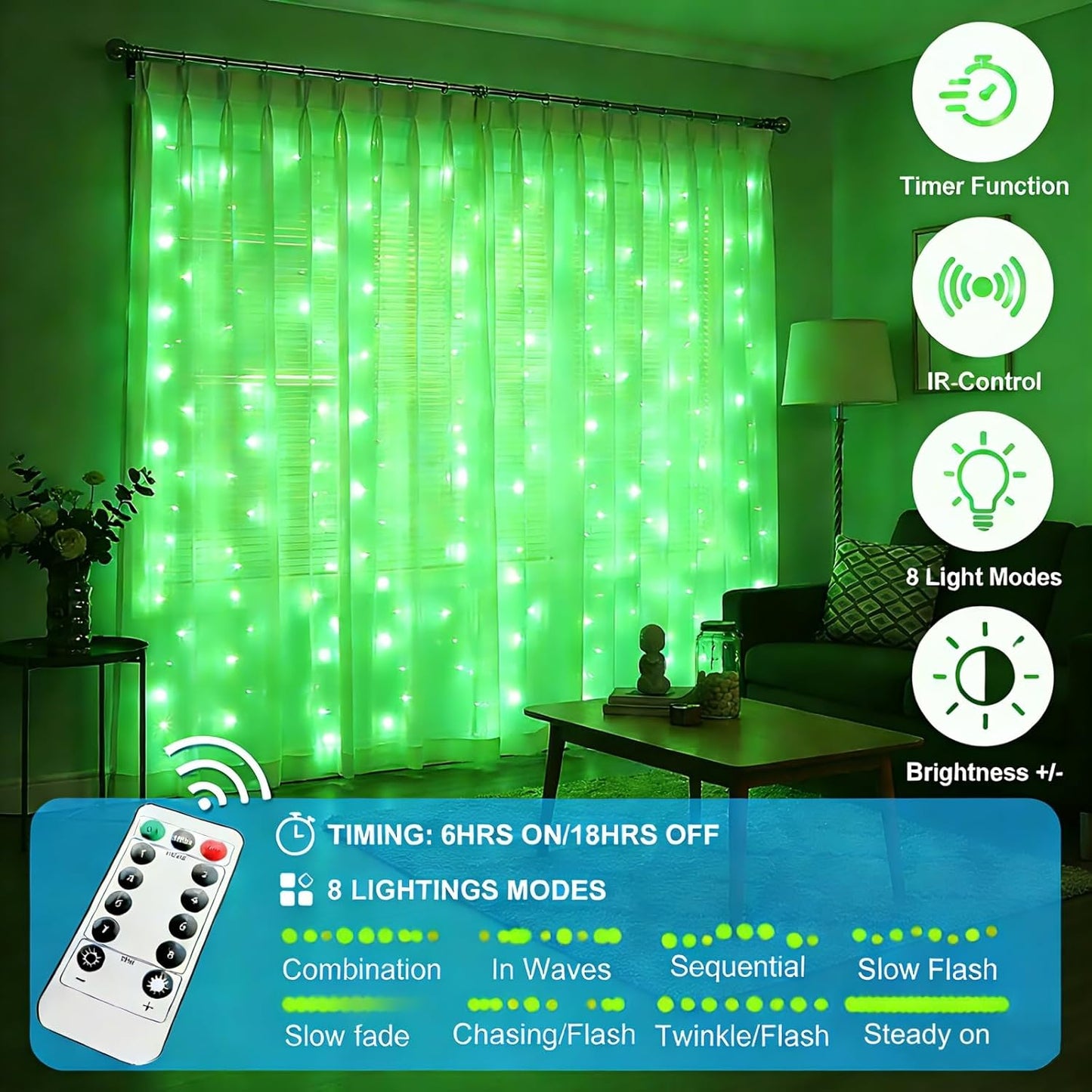 Skiennix 300 LED Fairy Curtain Lights - 9.8 x 9.8FT Green USB Plug with 8 Modes & Remote for Christmas, Weddings, Indoor/Outdoor Decor