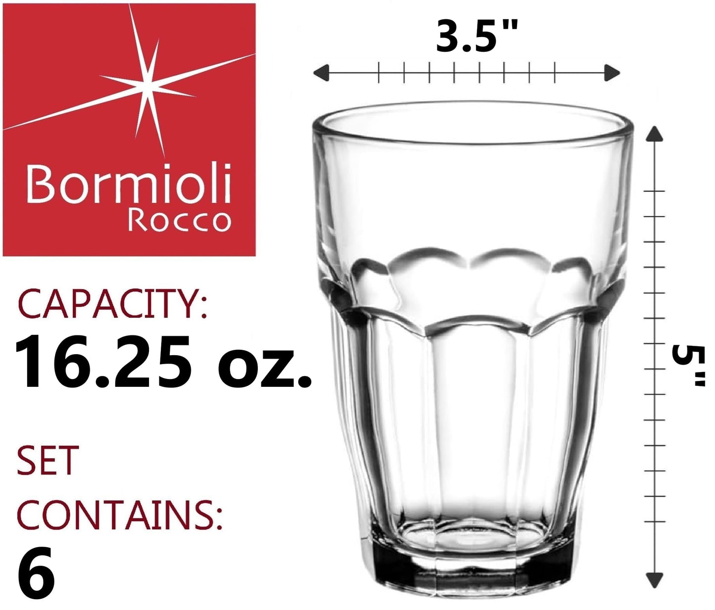 Bormioli Rocco Rock Bar 16.25 oz. Cooler Stackable Tempered Beverage Glasses for Cold Drinks, Water, and Cocktails, Set of 6, Clear