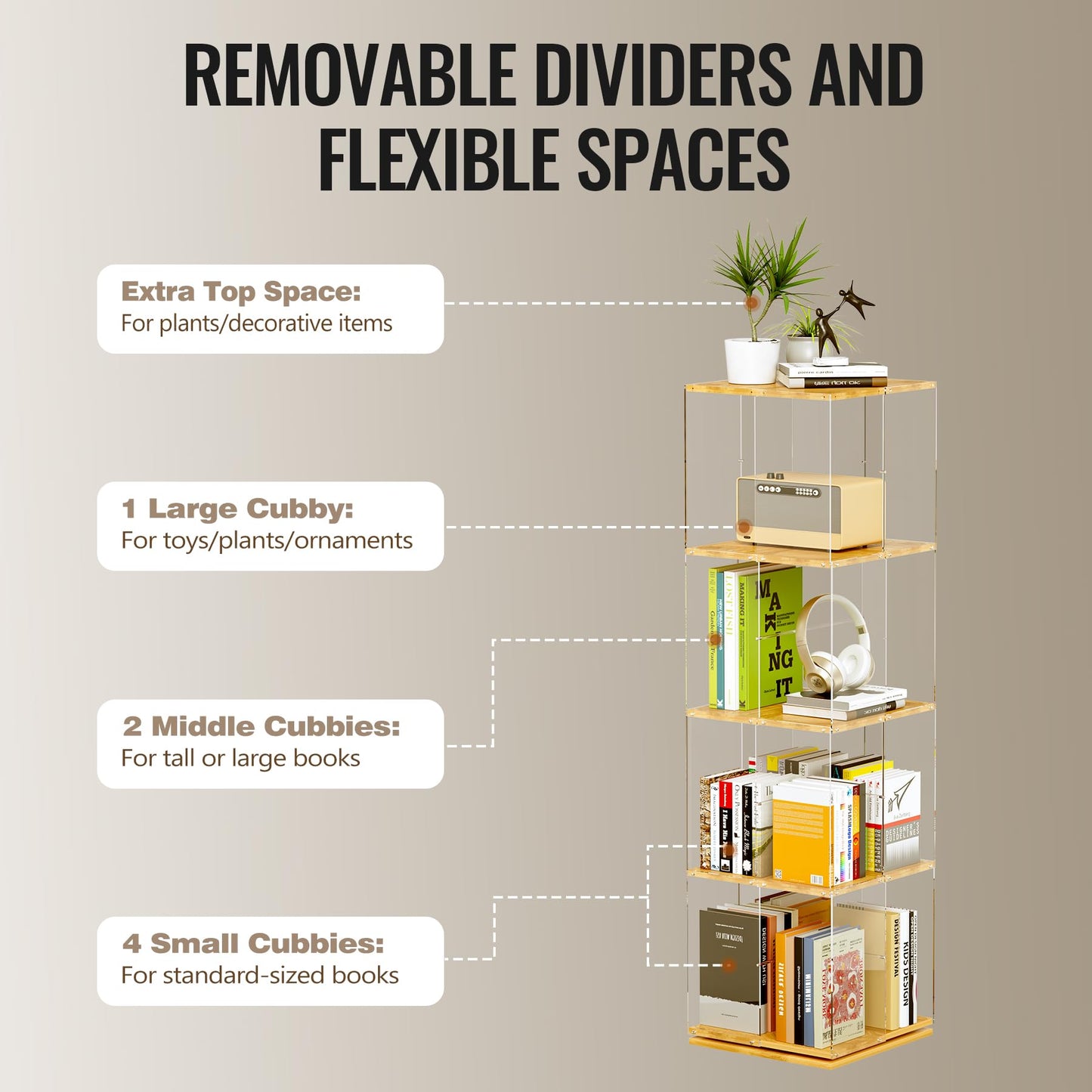 TAKEKIT Rotating Bookshelf, 360 Degree Revolving Bookcase, 4-Tier Spinning Bookshelf, Clear Acrylic & Solid Wood Rotating Bookcase for Kid’s Playroom, Bedroom and Living Room, Square