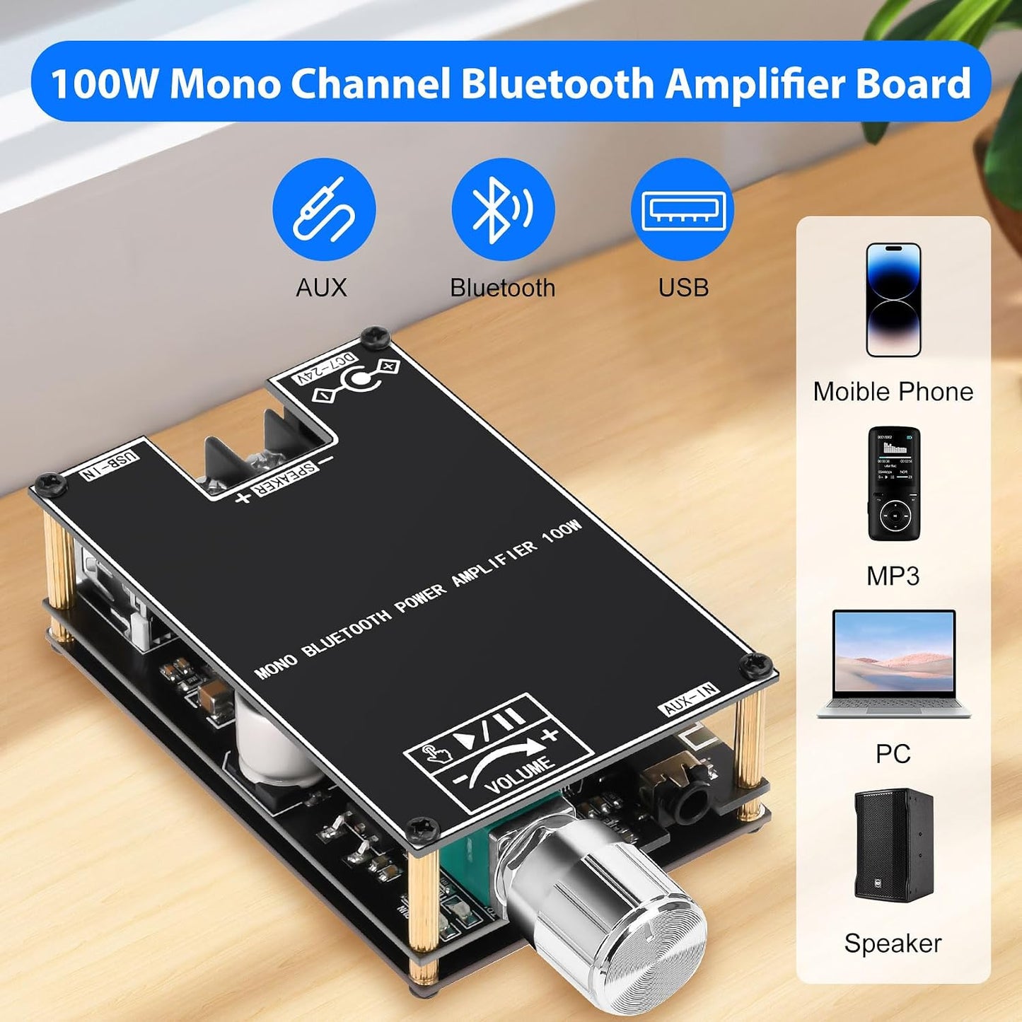 2PCS ZK-1001B Board,100W 7-24V, Daakro Bluetooth Amplifier Mono Channel Amp Board with TWS Pairing Function,DC