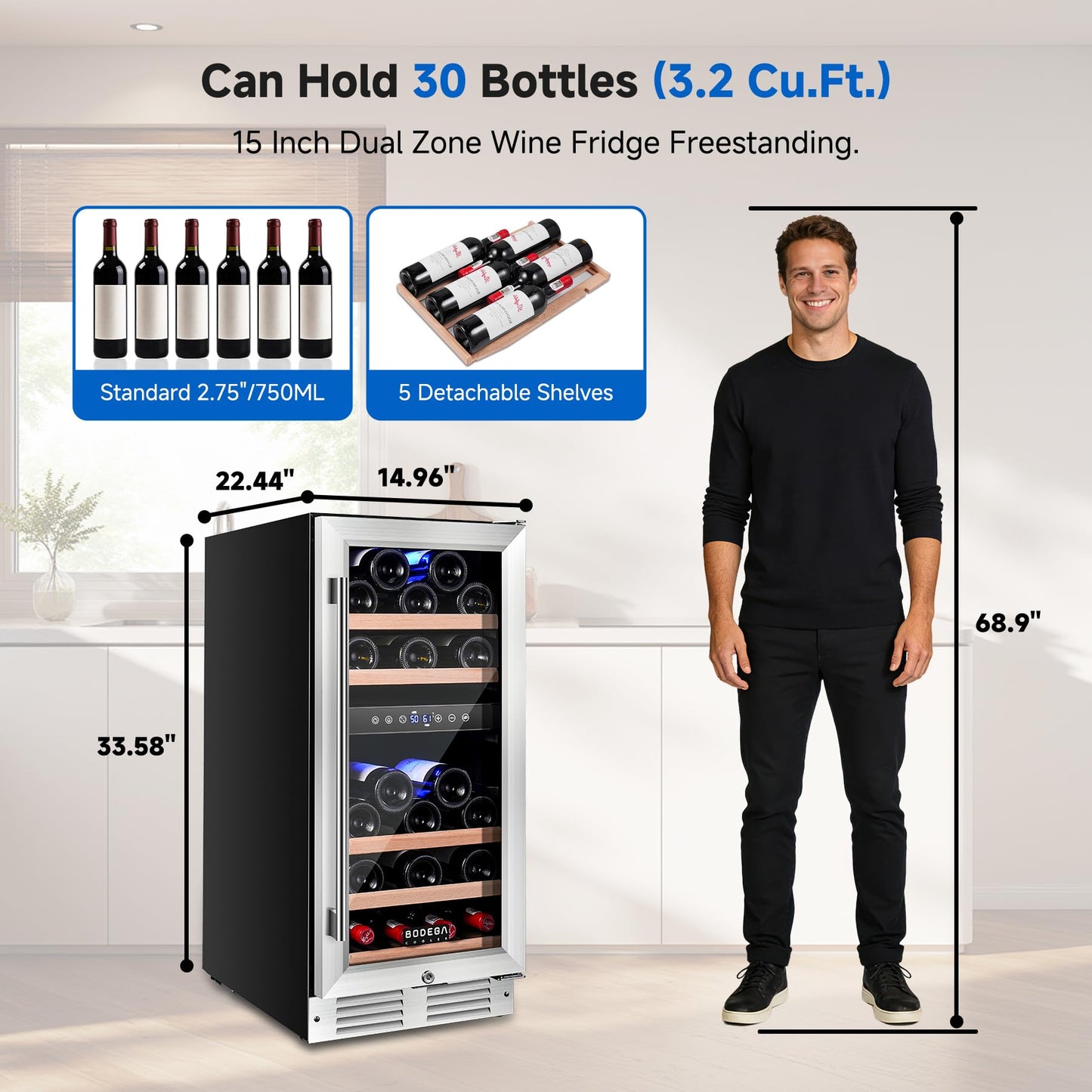 BODEGA 15 Inch Dual Zone Wine Cooler, 30 Bottle Compressor Wine Fridge with 41-72°F Temp Control, Built-in & Freestanding, UV-Protected Glass Door, Stainless Steel – for Home Bar, Kitchen.