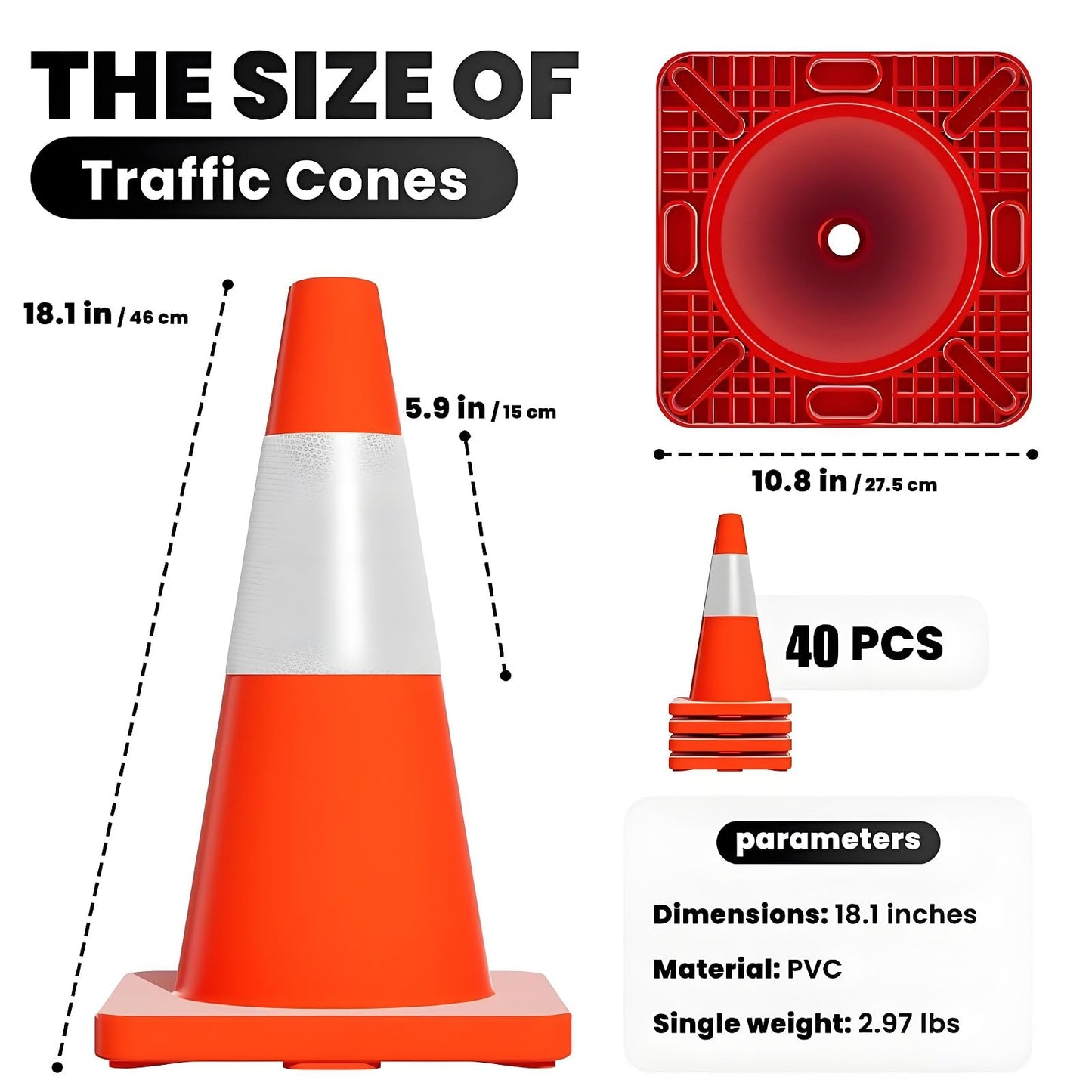 40 Pack 18 Inch Traffic Cones with Reflective Tape, Safety Road Parking Cones with Weighted Base, Collapsible PVC Construction, Orange Cones for Construction Zone, Event Barricade or Driveway