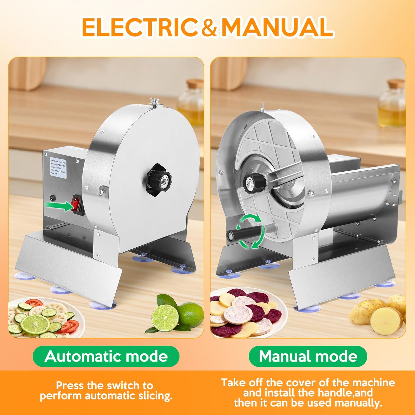 LLNC Commercial Vegetable Slicer Commercial Fruit Cutter Electric＆Manual 0-10MM Adjustable Thickness Stainless Steel 0-0.39’’ for Lemons, Cabbage, Potatoes, Apples