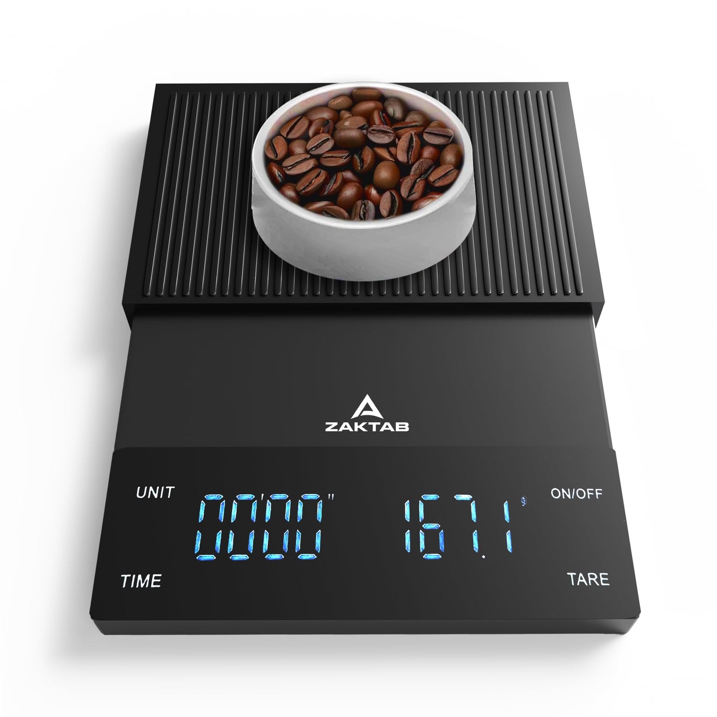 ZAKTAB Coffee Scale with Timer - High Precision Gram Scale, 3KG Capacity, 0.1g Division, Touch Button, Heat Resistant, Timer Function, Zero/Tare, Overload & Low Power Indicator, Auto Off