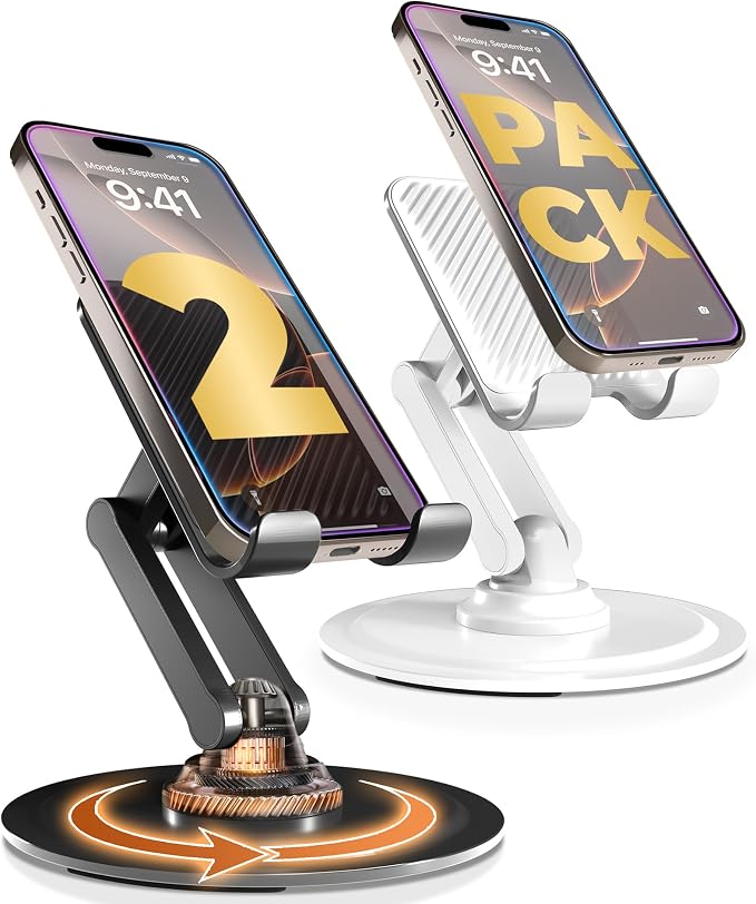 COOPER 360° Stand, [Gift Family Pack], Rotating Cell Phone Stand for Desk, Cell Phone Holder for Desk, iPhone Stand Holder, Sturdy Metal Base, Fits Samsung, Android Smartphones, (Black White, 2-Pack)