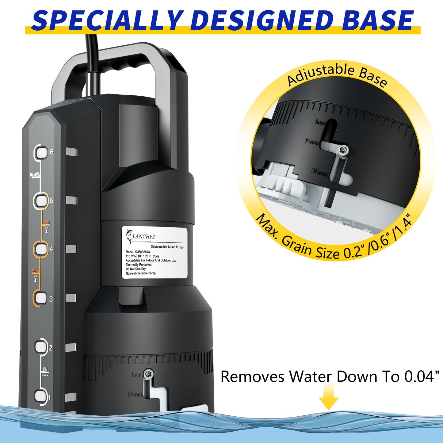 LANCHEZ 1.2HP 6000GPH Automatic Sump Pump with 6 Modes, Clean/Dirty Submersible Water Pump, Thermoplastic Water Removal Transfer Pump with 16FT Cord for Pools Basement Garden Pond, Black