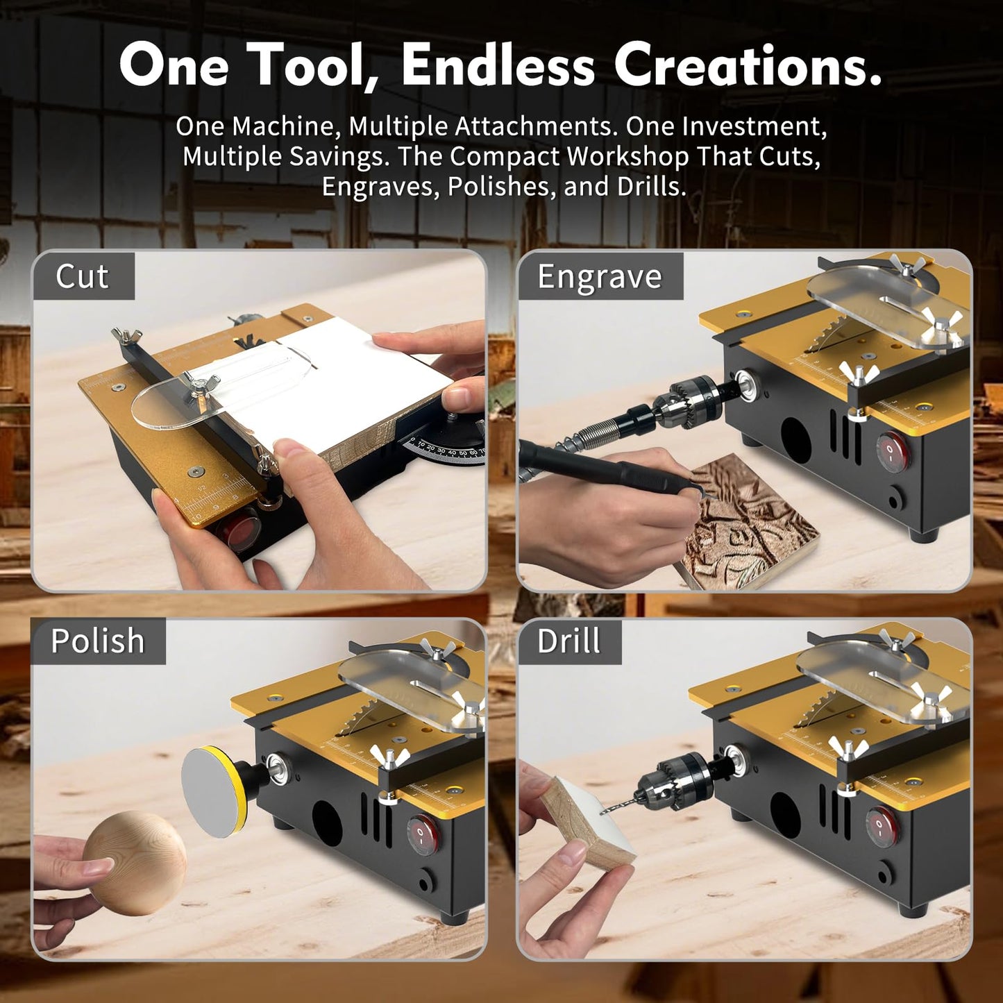 Super Mini Table Saw for Crafts,[Dual Motor & Switches] 7 Speeds MAX 200W Multifunctional Table Saw with 122+ Accessories, Cut/Engrave/Polish/Drill, Compact Design for Model Making, Gift for Creators