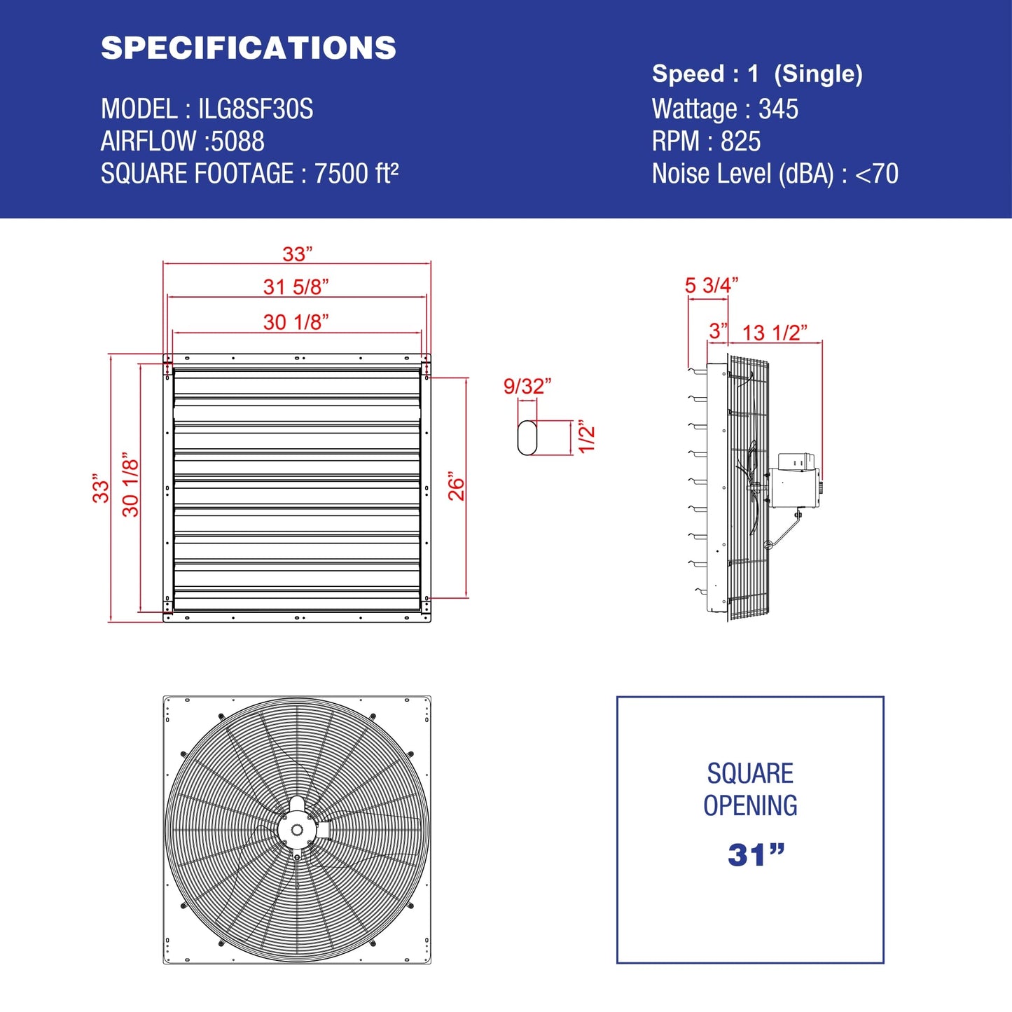 iLiving - 30" Wall Mounted Shutter Exhaust Fan - Automatic Shutter - Single Speed - Vent Fan For Home Attic, Shed, or Garage Ventilation, 5088 CFM, 7500 SQF Coverage Area, Silver (ILG8SF30S)