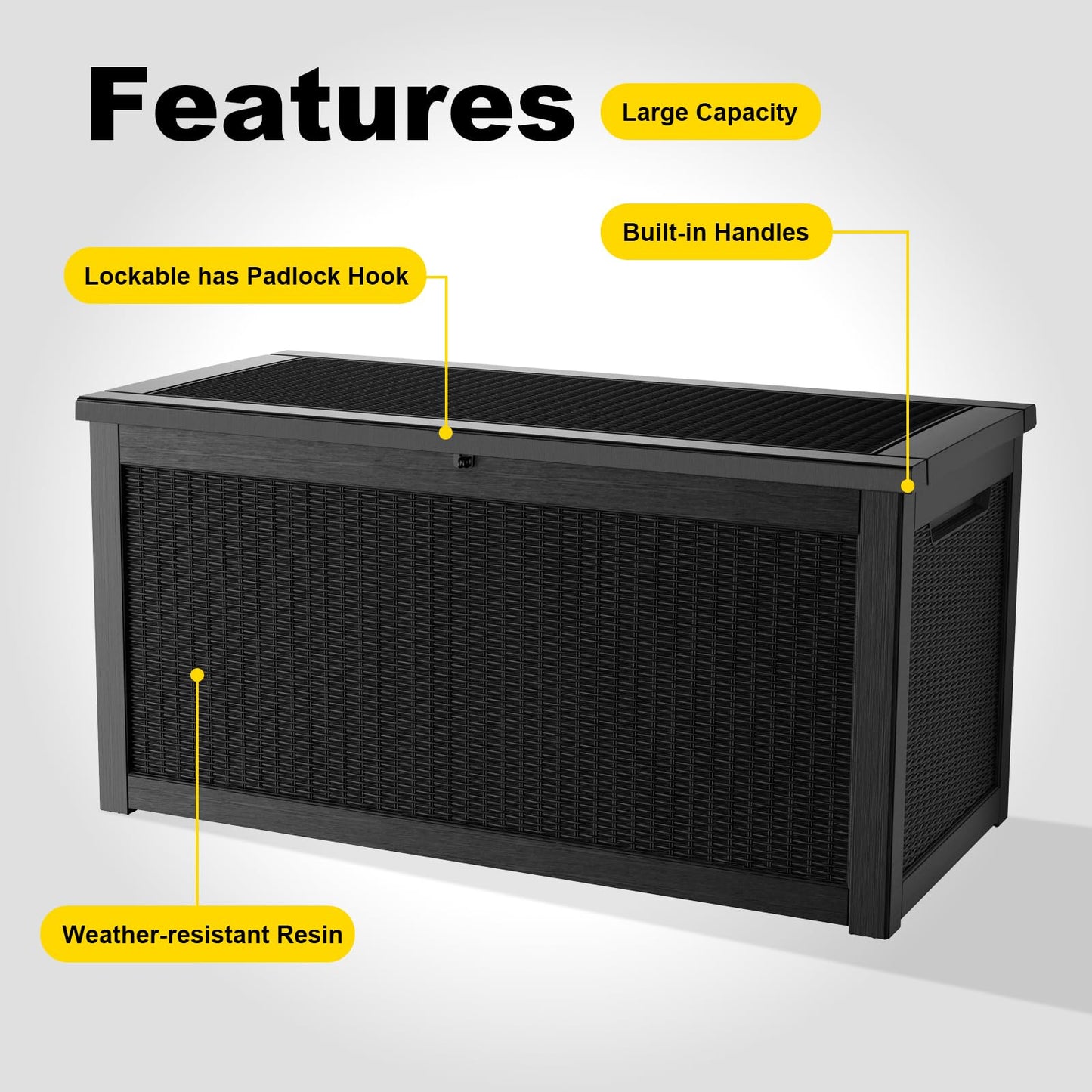KFY 320 Gallon Waterproof Outdoor Storage Box, UV Resistant Resin Deck Box with Hydraulic Rod for Reinforced Stability, Perfect for Patio, Garden, and Pool（Black，320 Gallon）