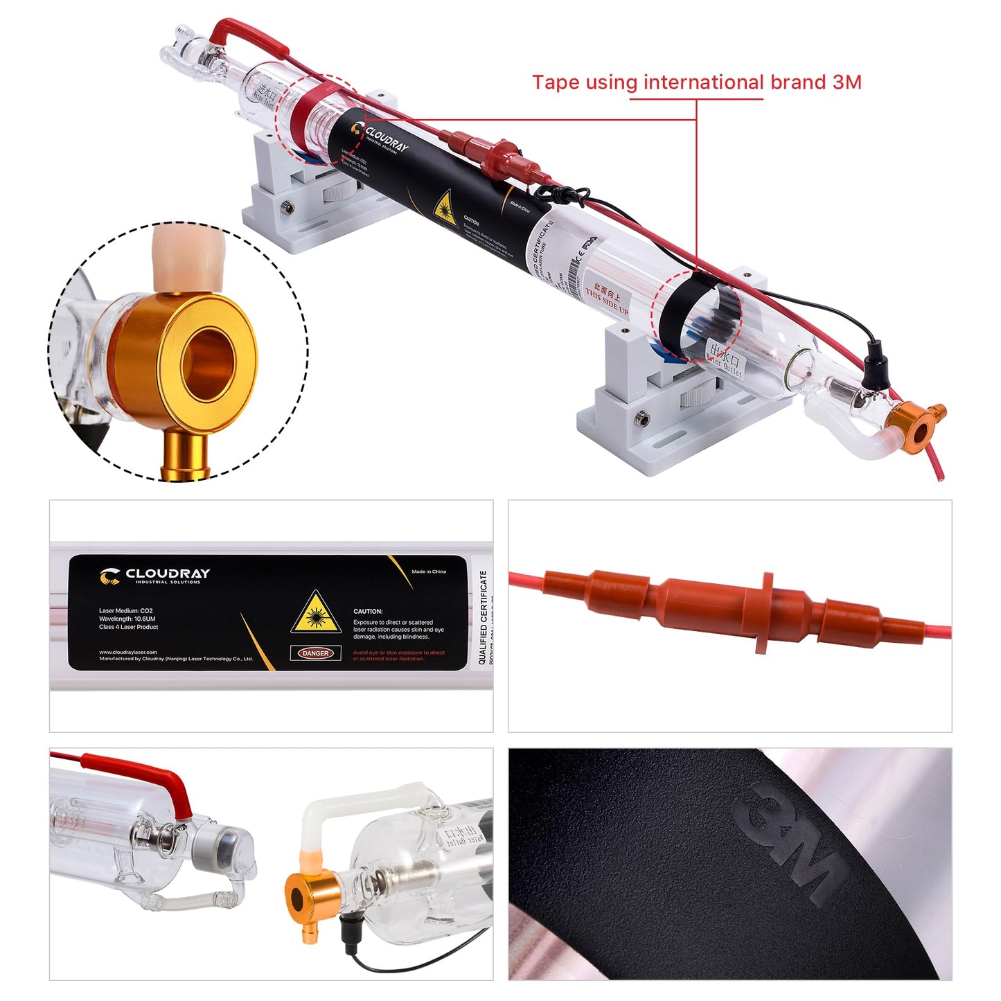 Cloudray 70W Laser Tube 1250mm Dia.55mm for CO2 Cutter Machine & Engraver, Cable Preconnected with Coating,60 Watt CO2 Laser Tube With Metal Head（CR70 60-80W)