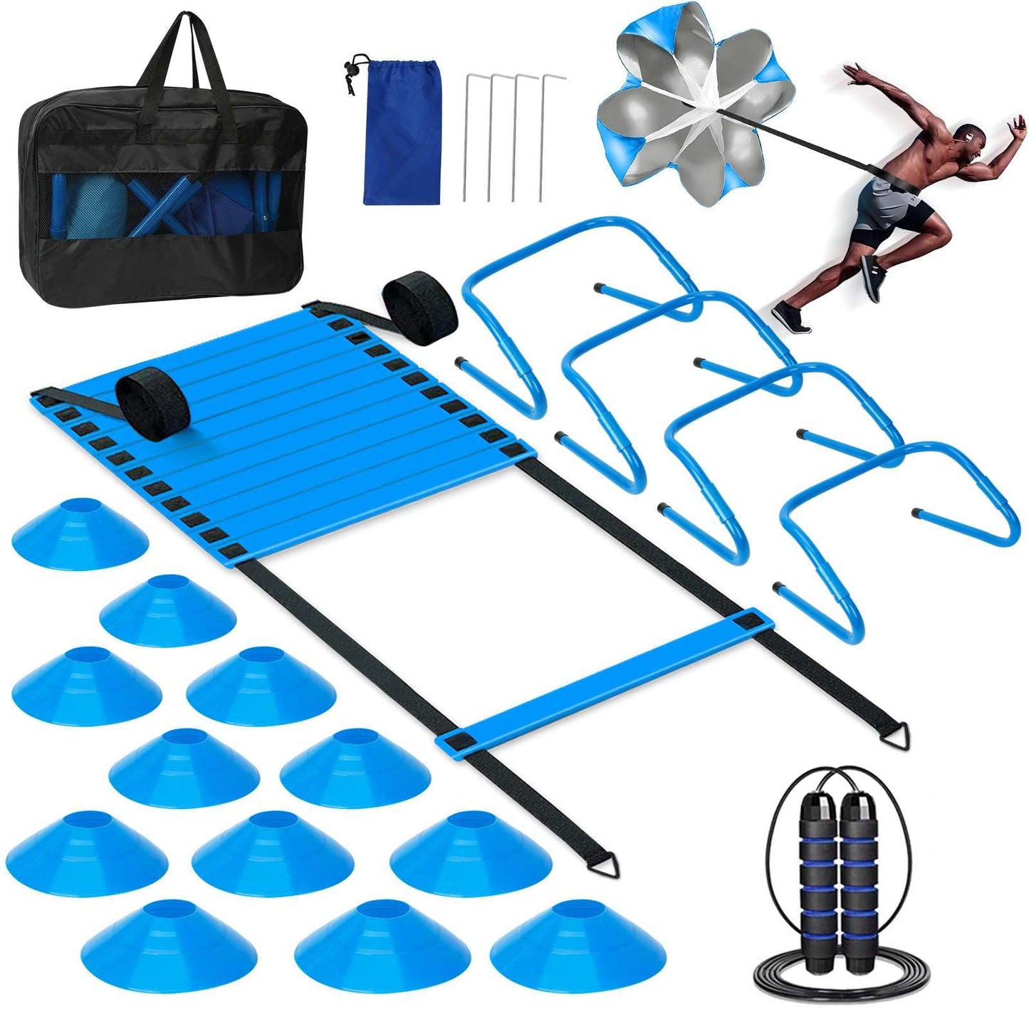 YGORTECH Agility Ladder, Soccer Training Equipment Set, 4 Agility Hurdles, 20ft Speed Ladder, Running Parachute, 12 Football Cones, Jump Rope | Soccer Basketball Athletes Speed Training Blue