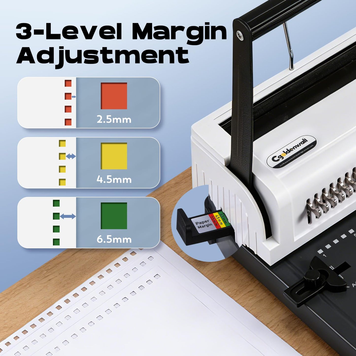 CGOLDENWALL Wire Binding Machine, Wire-O Binder, 3:1 Pitch 34 Holes, with 11 Coils Included, Punch 20 Sheets Bind 140 Sheets, Adjustable Pins Margins (Square Hole)