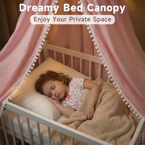 LOAOL Bed Canopy with Pom Pom for Kids Crib Baby Girl Netting Cover Canopy Crib Curtain Reading Nook Hanging Tent Nursery Play Game Castle Room Decoration (Pink)