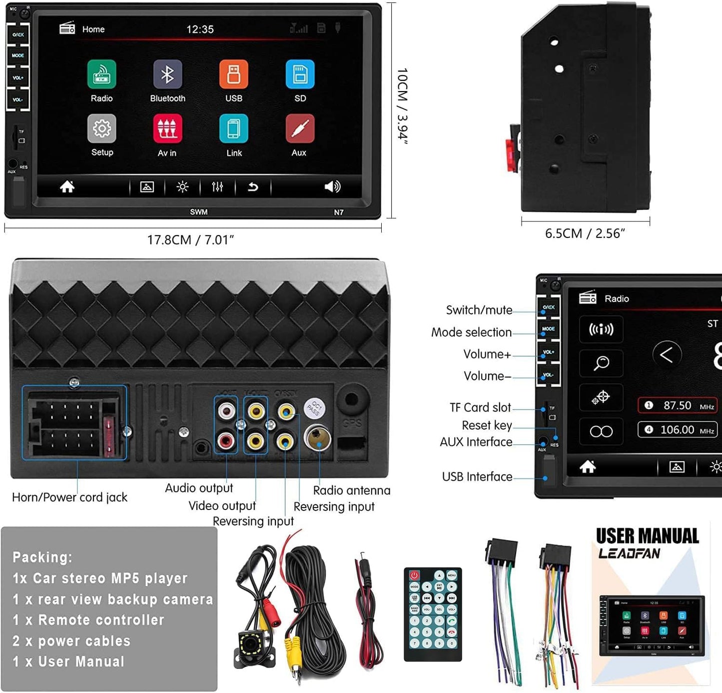 Leadfan 7" MP5/4/3 Car Stereo Double Din Touch Screen Car Radio Audio Receiver FM Radio Bluetooth Video Remote Control
