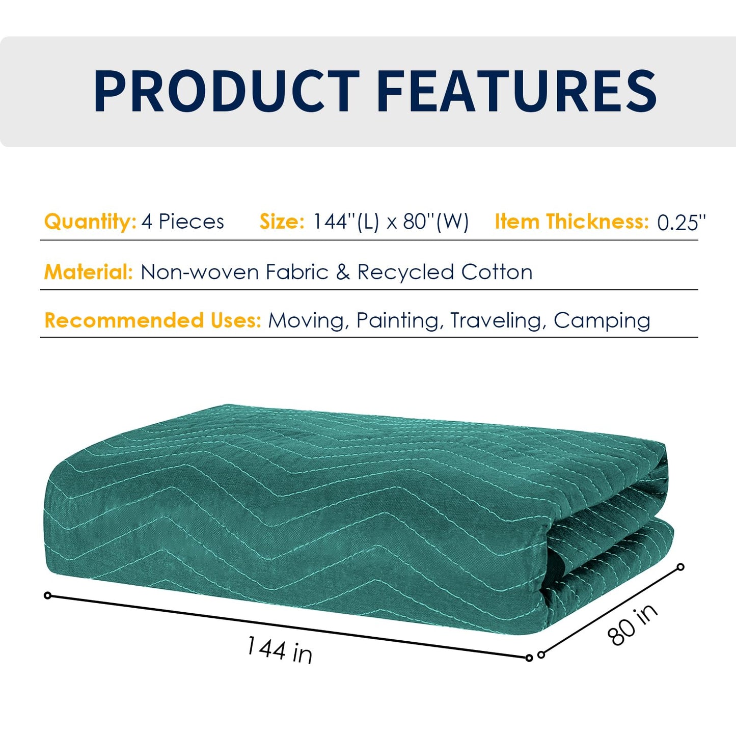 Diamond UP Moving Blankets 4 Pack, Double Extra Large 144"x80" (85 lb/dz) Heavy Duty Quilted Packing Blankets for Moving, Shipping & Storage, Professional Furniture Pads -Green & Gray