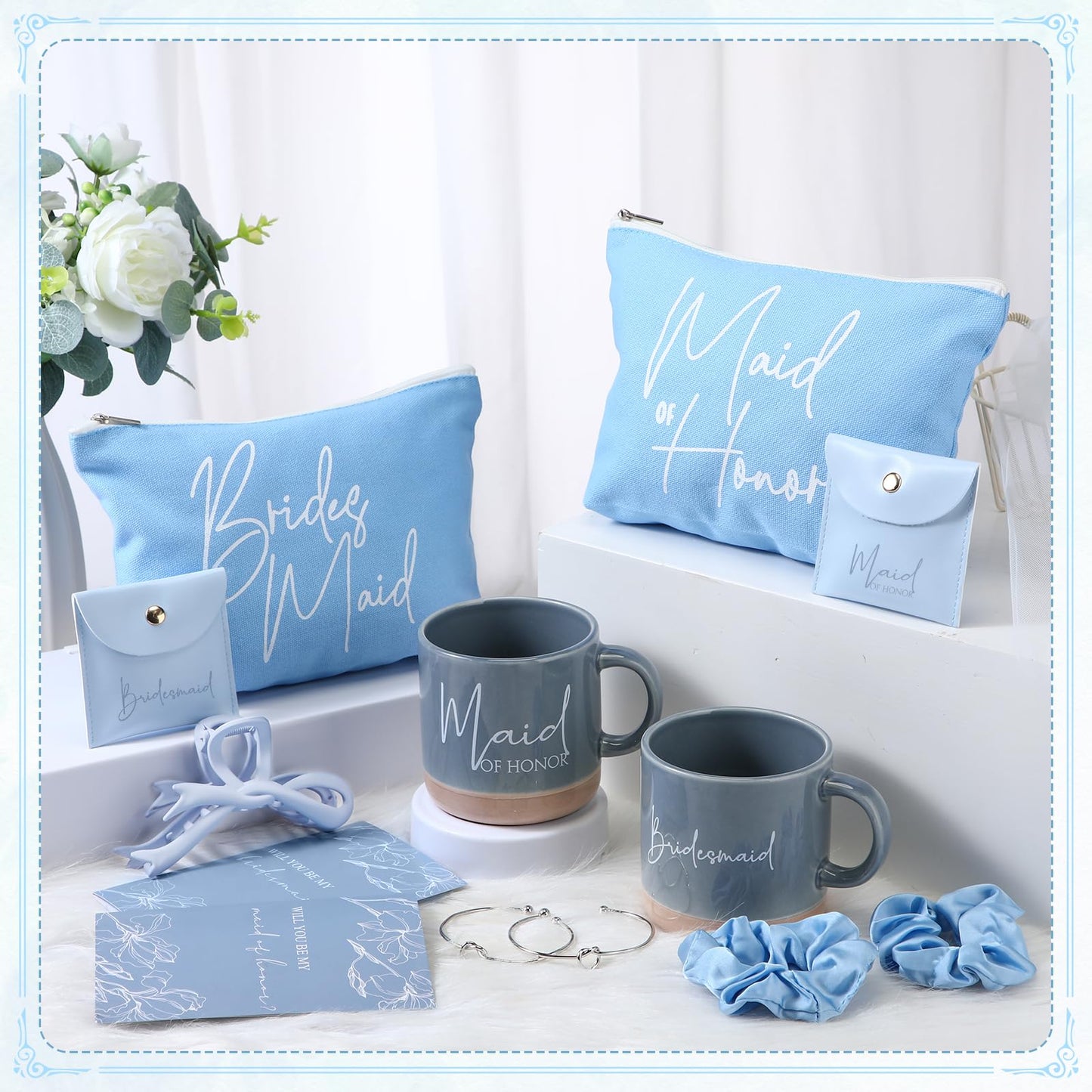 Didaey 42 Pcs 6 Sets Bridesmaid Proposal Gifts, Wedding Favors for Bridesmaids & Maid of Honor Ceramic Coffee Mugs Makeup Bags Invited Cards Scrunchies Bracelets Jewelry Bags Hair Clips(Blue)