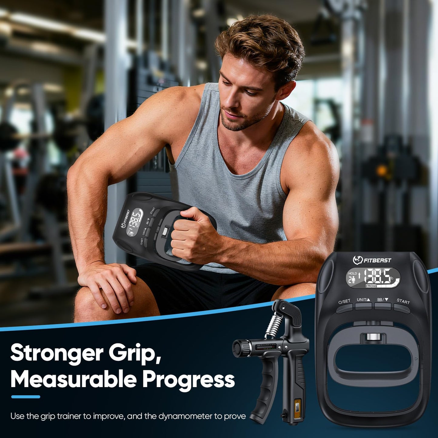 FitBeast Grip Strength Trainer Kit, Digital Grip Strength Tester with Adjustable Hand Gripper Strengthener & Finger Exerciser, Track Progress for Fitness, Rehab & Strength Building (Advanced 3-in-1 Kit)