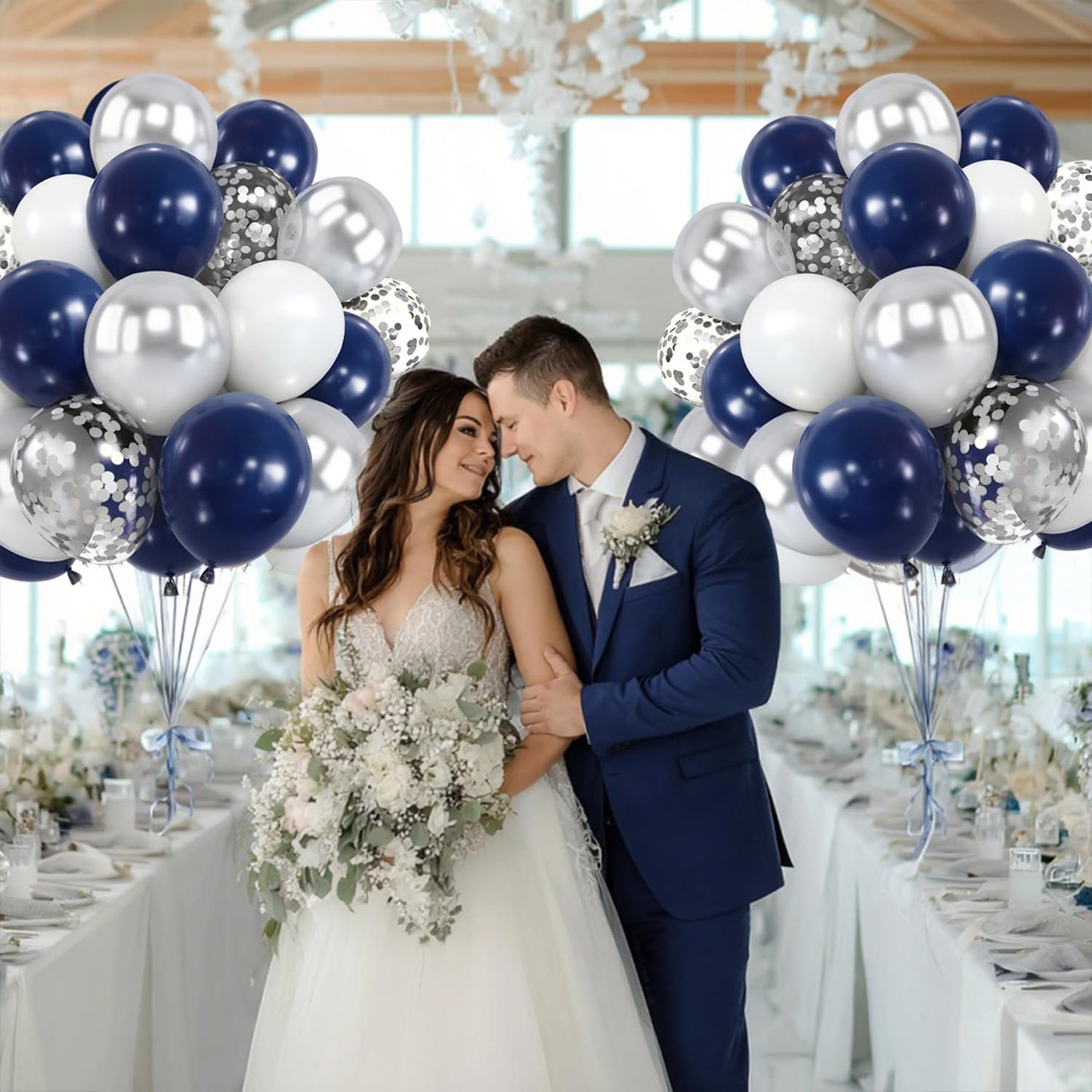 Zesliwy Navy Blue Silver Balloons Kit,50pcs 12inch Royal Dark Blue Metallic Silver White Balloon with Confetti Latex Balloon for Wedding Graduation Birthday Anniversary Party Decorations