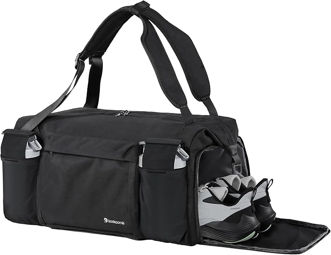 Gym Bag for Men with 2 Upgraded Bottle Holders Convertible Duffle Bag and Gym Backpack Waterproof Sports Bags with Shoes Compartment and Wet Pocket - Black