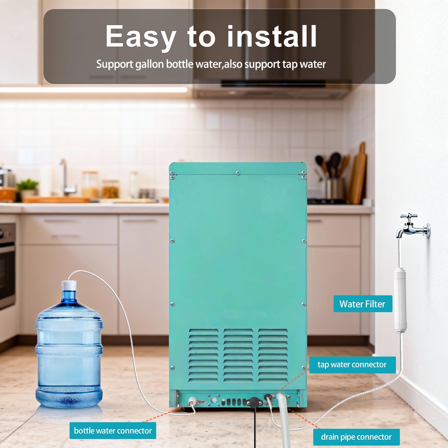 Commercial Ice Maker Machine, 100lbs/24H Ice Machine with 20lbs Storage Bin, 50 Cubes in 8-12 Mins, Small Size Freestanding/Under Counter Ice Maker, Support Gallon Bottle Water, Timer, Self-Cleaning