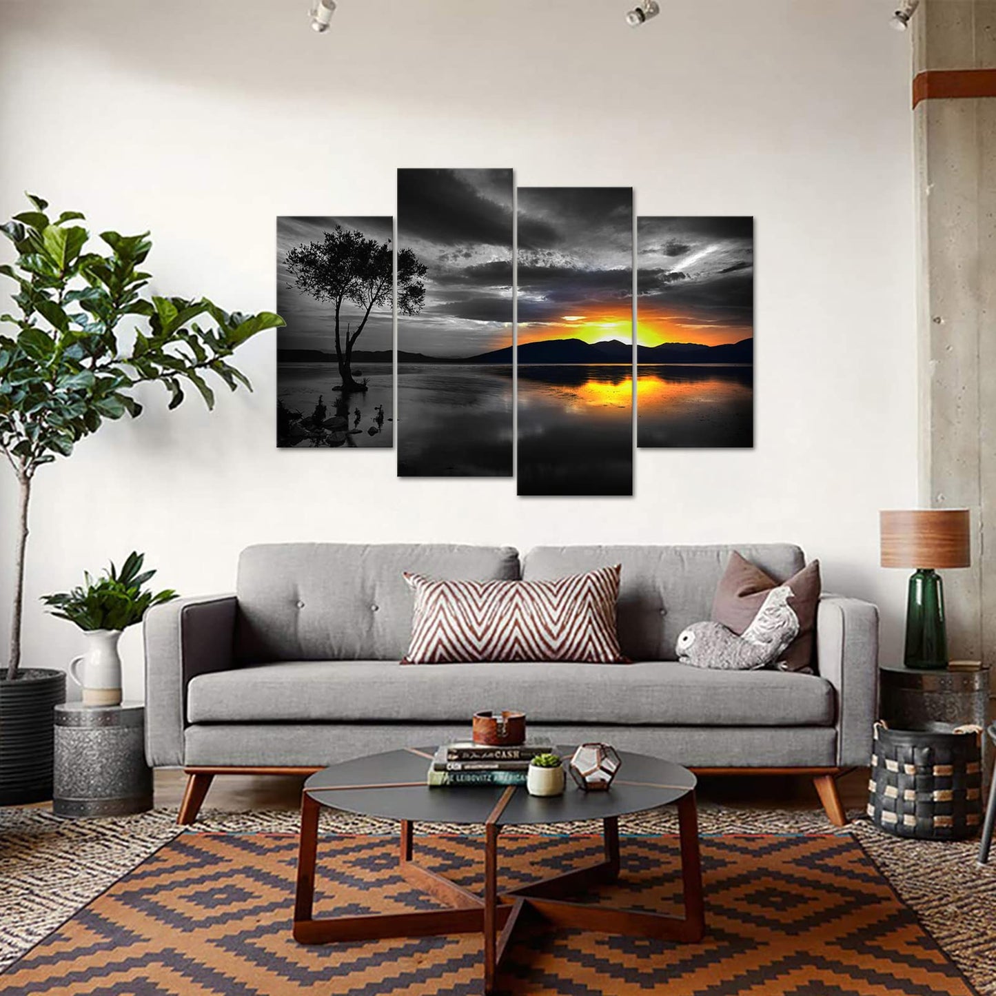Biuteawal 4 Piece Black and White Wall Art Golden Sunset on Lake Picture Painting Lonely Tree Photo Print on Canvas Nature Landscape Poster Living Room Bedroom Decor Framed Ready to Hang