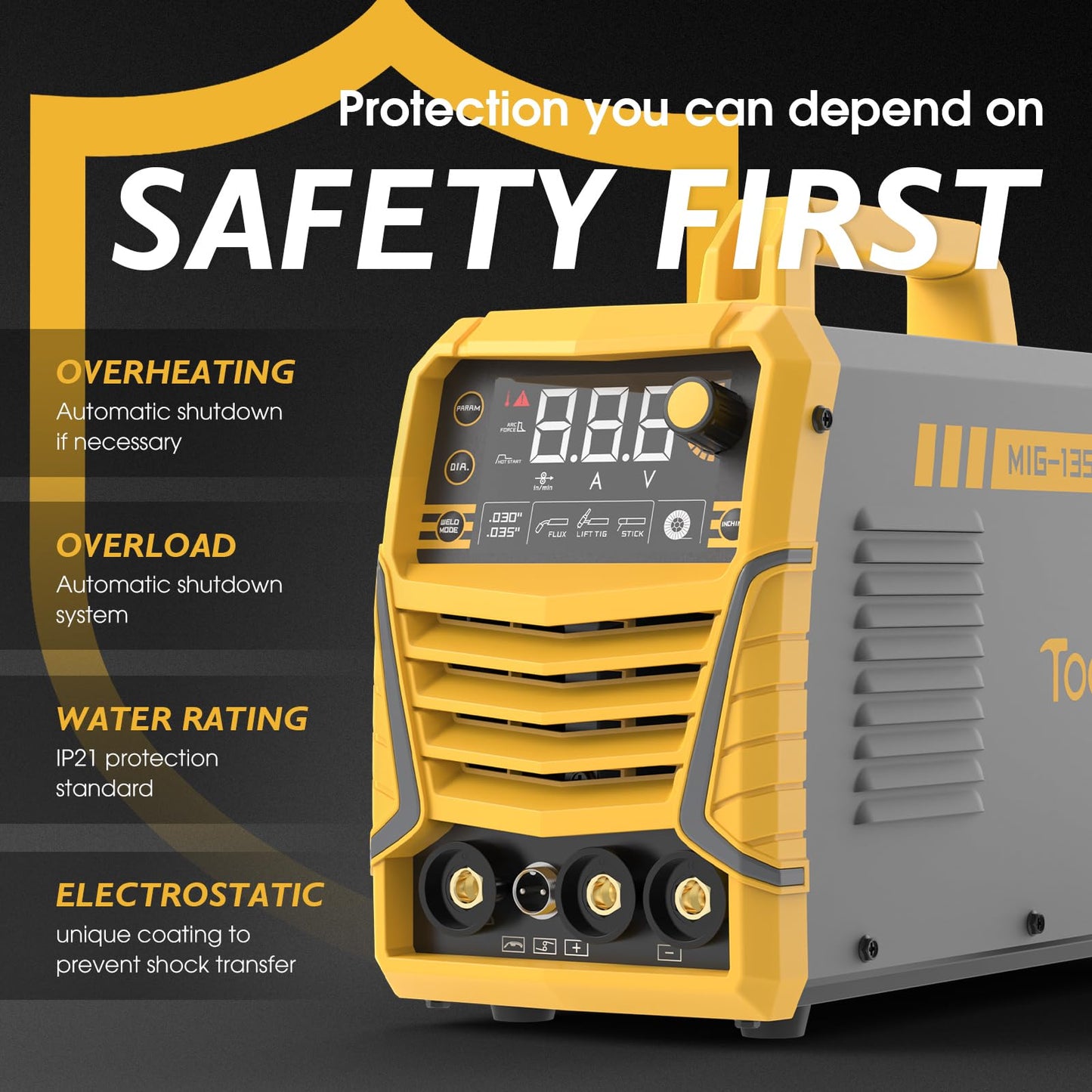 TOOLIOM 135A Gasless Flux Core MIG Welder 110V MIG Welder Flux MIG/Lift TIG/Stick 3 in 1 Welding Machine IGBT DC Inverter with LCD Display