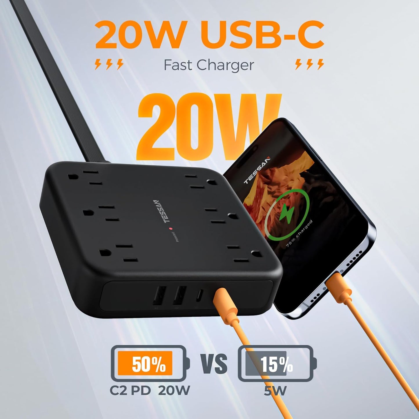 TESSAN 5Ft 6 4 (2 2100 Black Extension Cord with Multiple Outlets, Surge Protector Power Strip with Outlets and USB