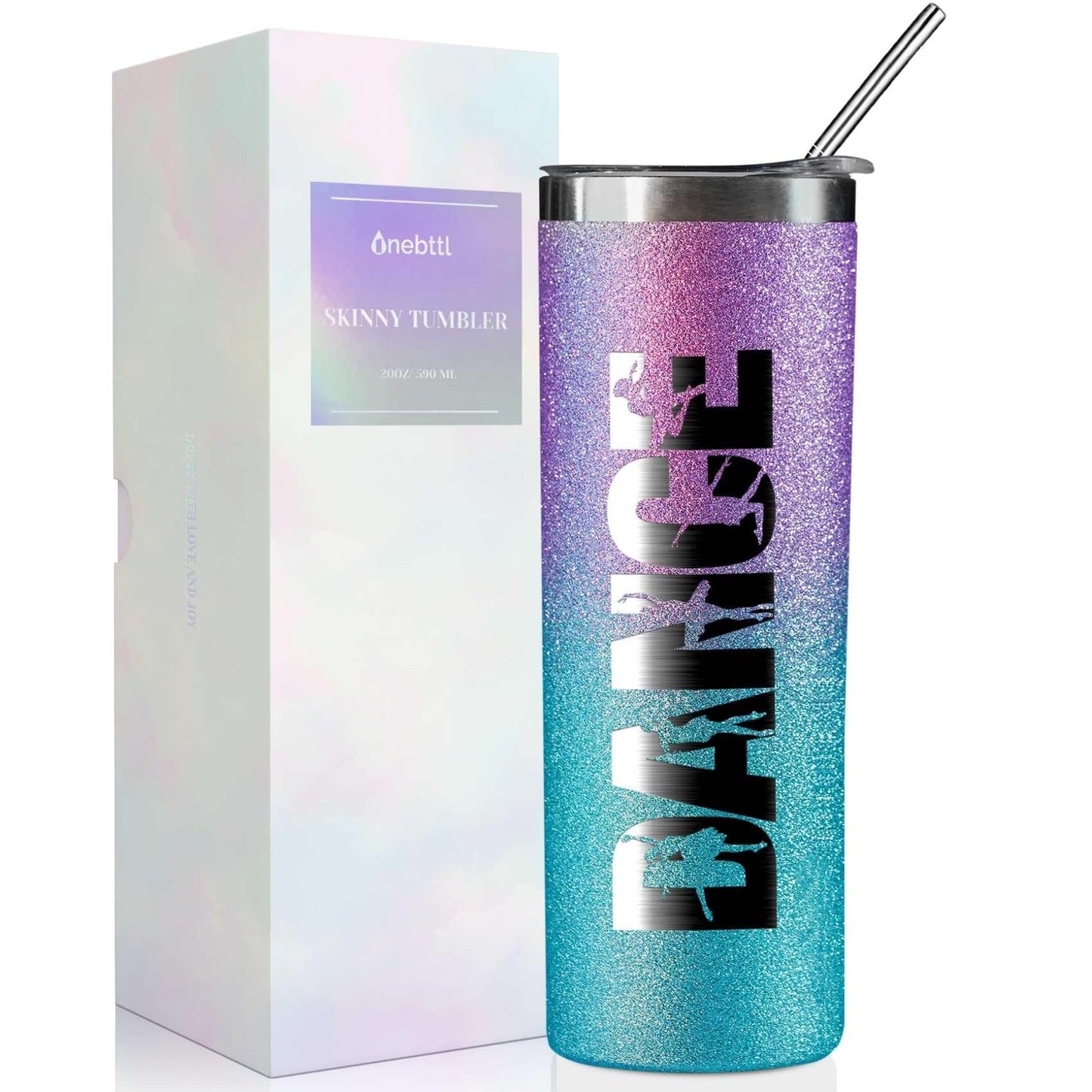 Onebttl Dancer Gifts for Girls, Teens, Her - Dance - 20oz/590ml Stainless Steel Insulated Glitter Skinny Tumbler with Straw, Lid - Dance Themed Gifts for Women - (Purple-Blue Gradient)