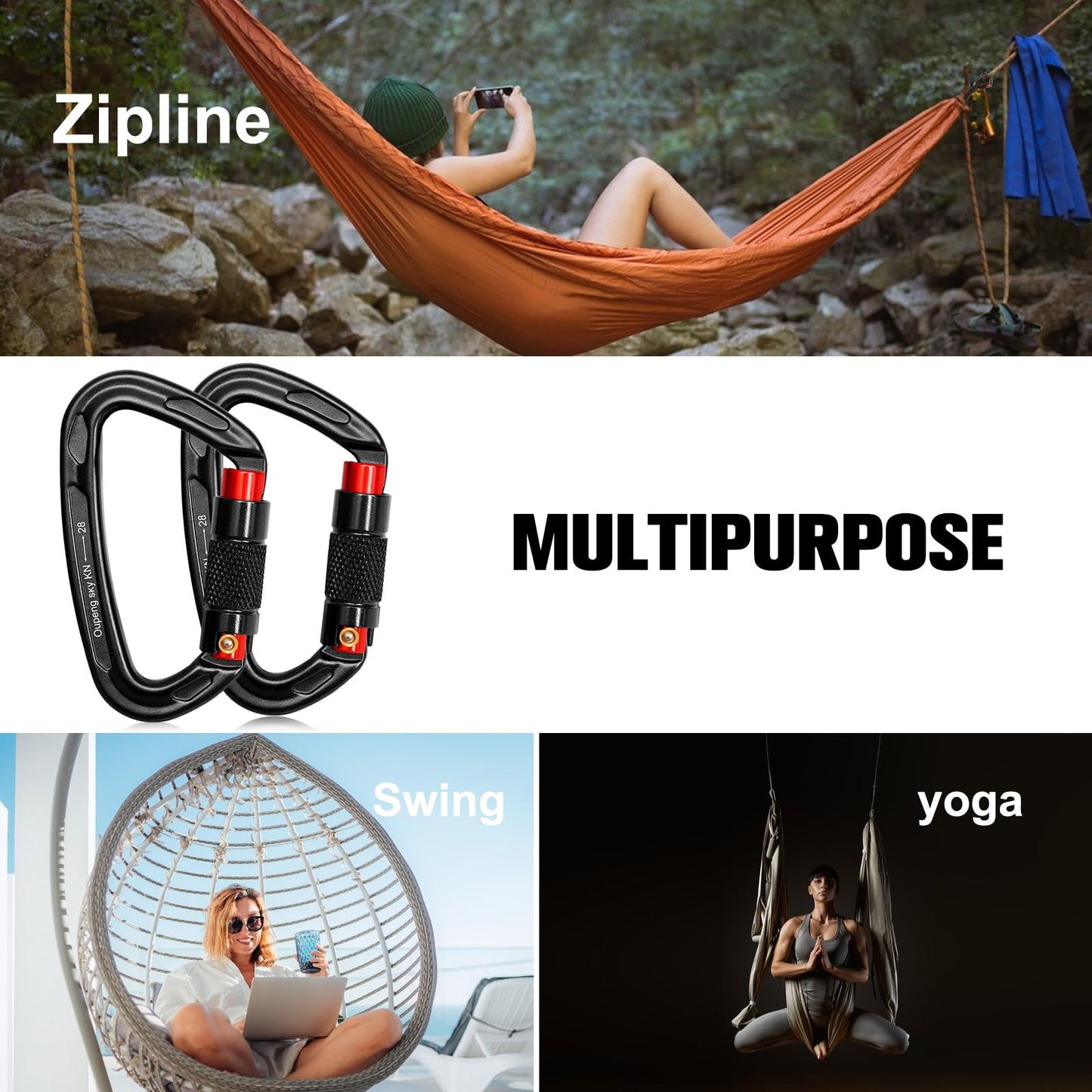 Auto Locking Carabiner Clips - 28KN (6172lbs) Heavy Duty Caribeaners ，4PCS Large Carabiner Clip for Keychains，Hammock，Camping, Gym, Hiking, Outdoor ，Dog Leash