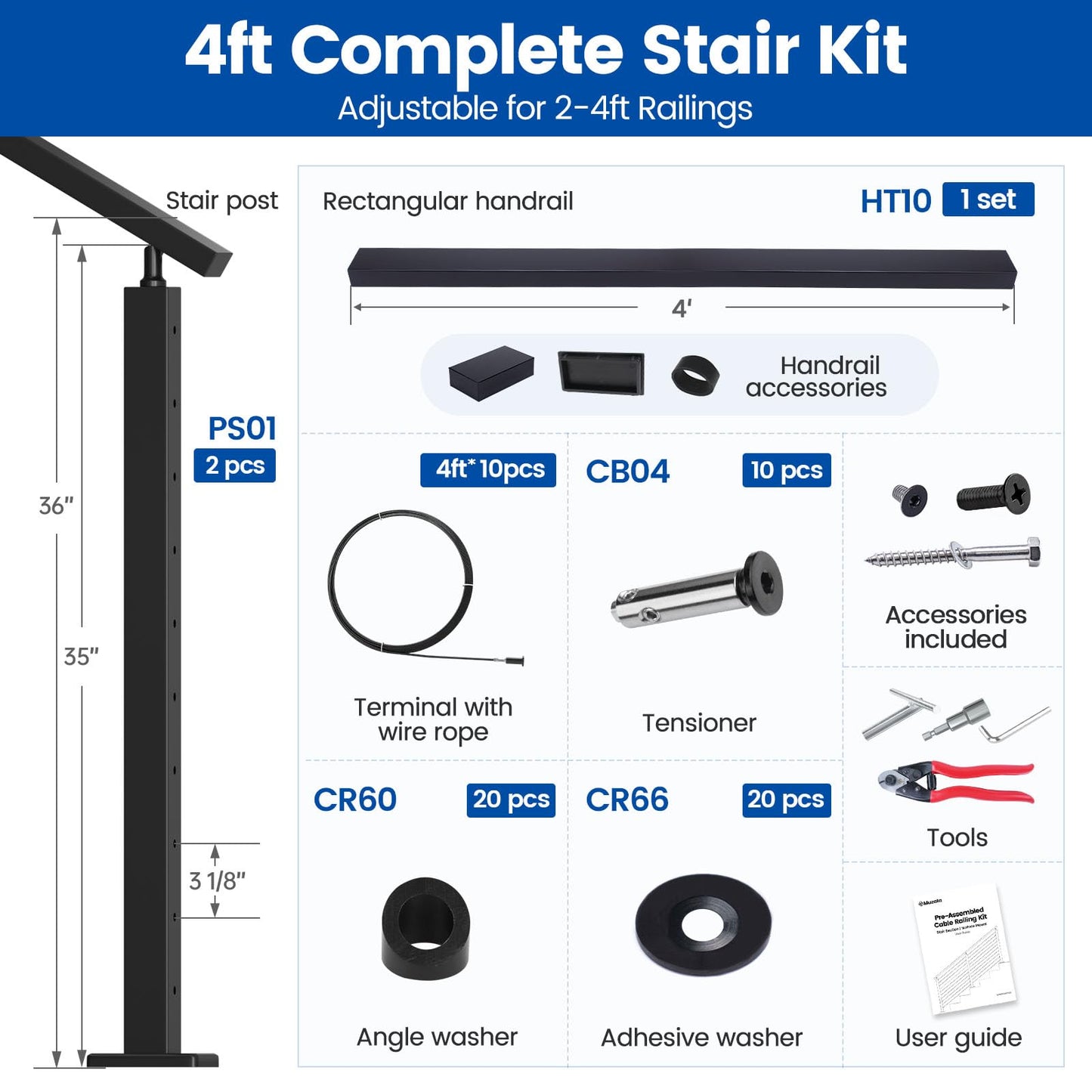 Muzata 2-4ft Black Complete Cable Railing Kit for Stairs Pre-Crimped 36 Inch Cable Railing System with Post Handrail Length Adjustable Easy DIY with User Guide Complete Set RC09