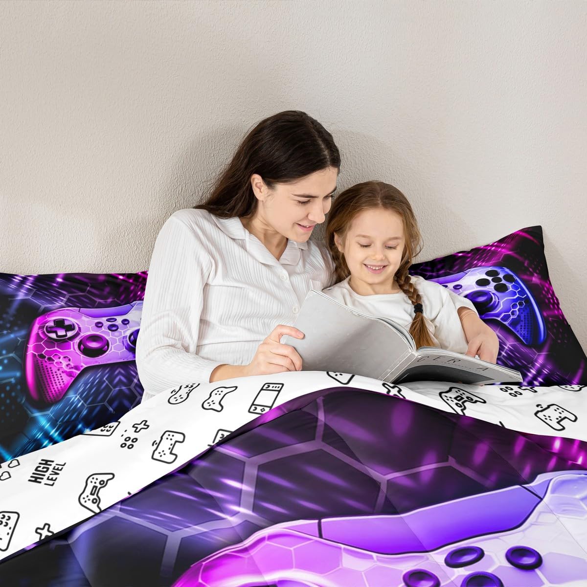 Castle Fairy Teens Gamepad Comforter Set,Modern Gamer Reversible Down Comforter Twin Size for Kids Boys Children Youth,Video Game Bedding Set Player Gaming Duvet Insert for Bedroom,Blue Pink