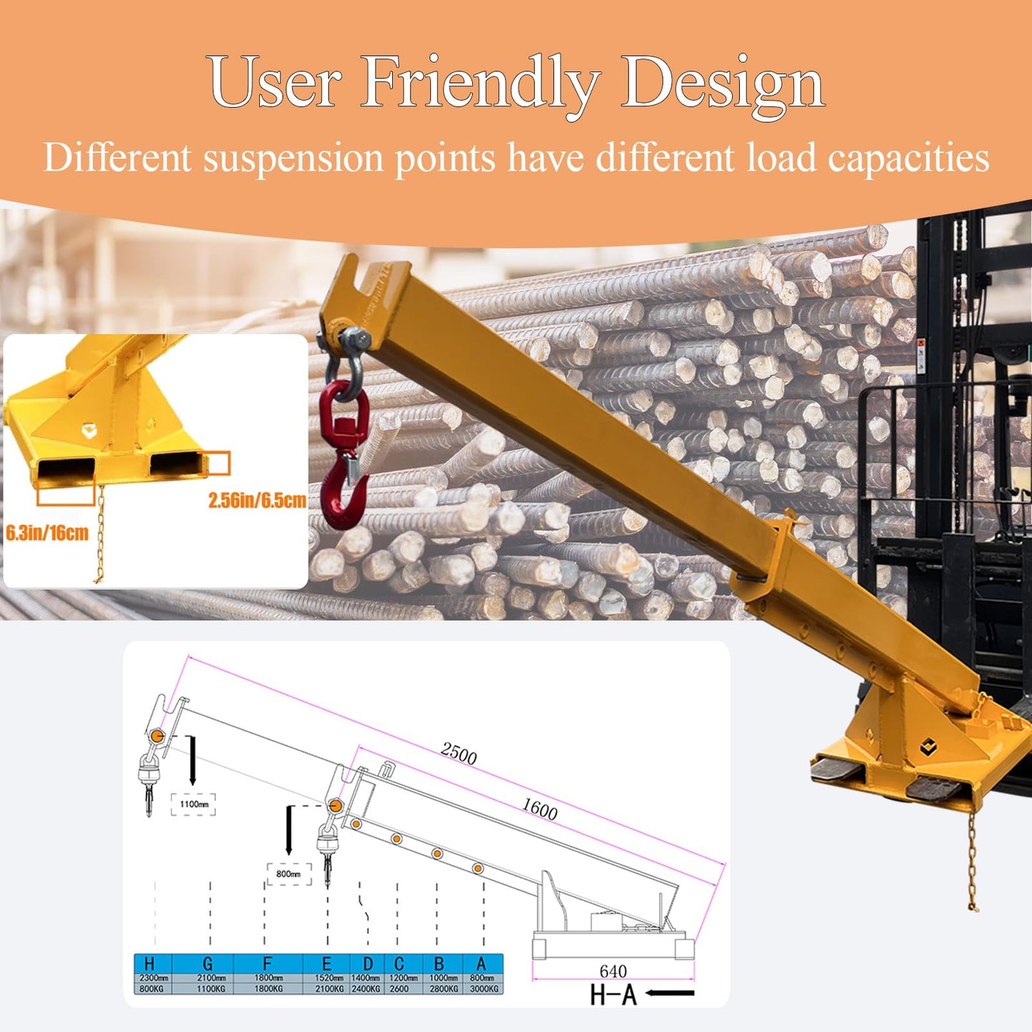 TECHTONGDA Fork Mounted Hoist Jib Boom Crane, 6600LB Capacity Telescopic Boom Lift Crane, 63"-98" Manual Telescoping, Forklift Mobile Crane Lifting Hoist, Forklift Boom Attachments Lifting Equipment