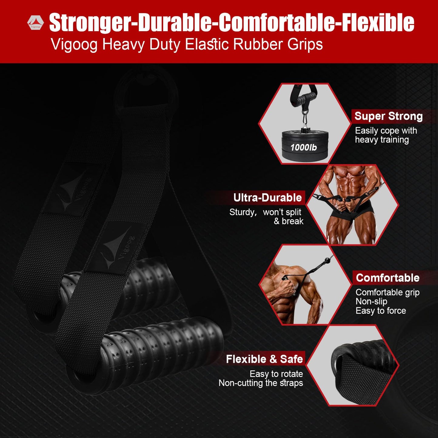 Vigoog Heavy Duty Gym Workout Handle Attachments - Powerful, Comfortable & Anti-Slip Rubber Exercise Grips for Cable Machines, Pulley Systems and Other Fitness Equipments