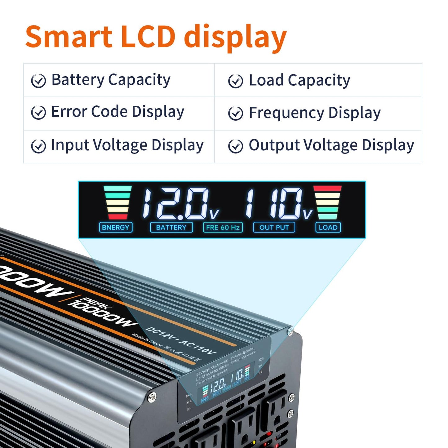 5000 watt Power Inverter DC 12V to AC 110V/120V Converter,10000w Peak.Comes with LCD Display,Wireless Controller, 4AC outlets,1USB.RV Inverter,Suitable for Camping,and Off-Grid Solar Inverter Systems