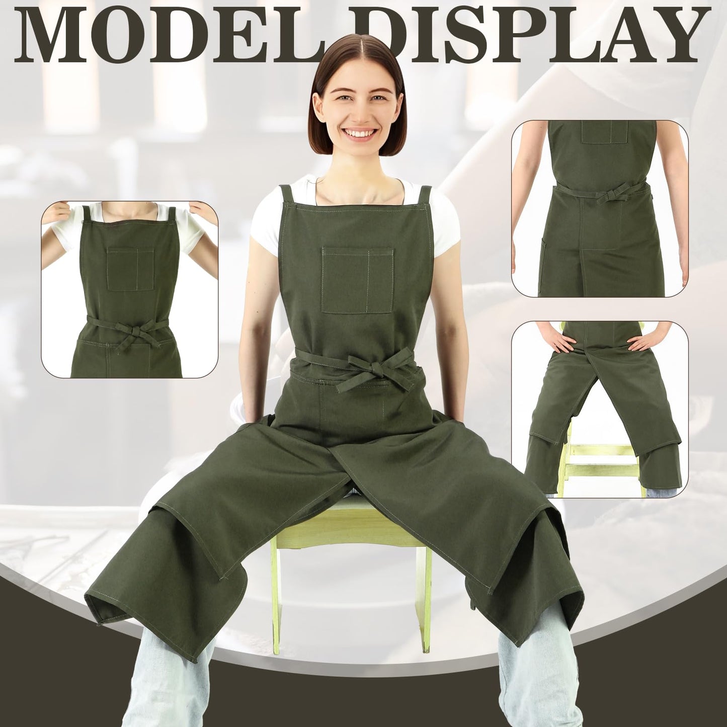 Jeyiour Split Leg Pottery Apron, 2 Layer DIY Ceramic Apron with Convertible Pants, Large Pockets Towel Loop Smock for Unisex(Green)
