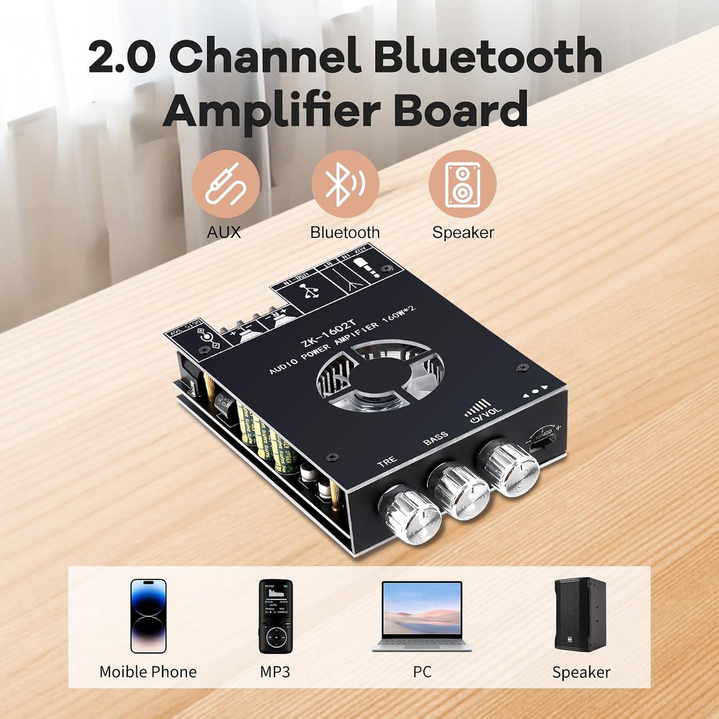 ZK-1602T Board,160W+160W 2.0 15-36V, Daakro Bluetooth Amplifier Channel Amp Board with Treble and Bass Control,DC