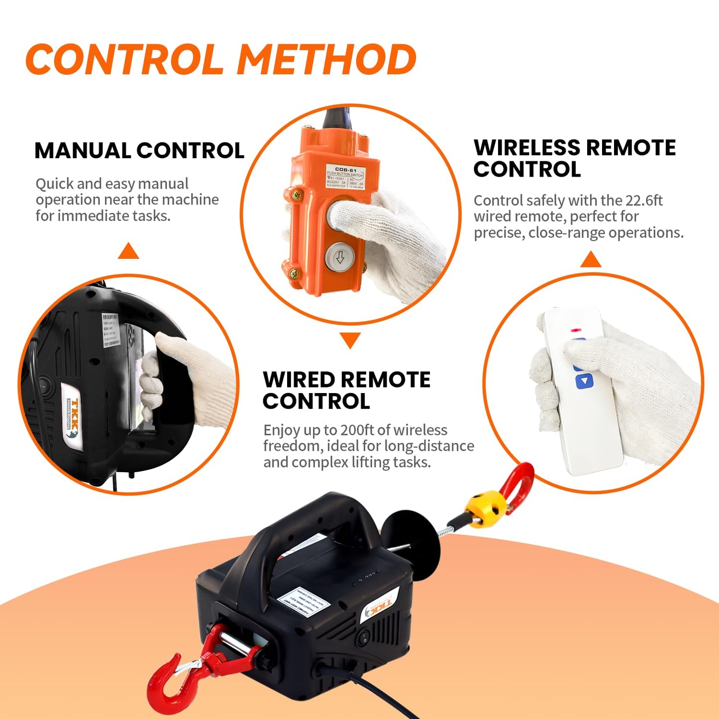 TKK 3 in 1 Electric Hoist Winch, 1540lbs Capacity, Portable with Wire and Wireless Remote Control, 120V, 25ft Lifting Height, Overload Protection