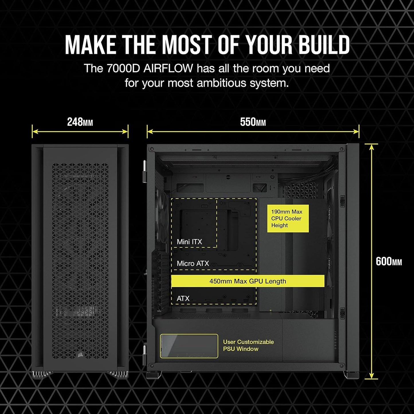 CORSAIR 7000D Airflow Full-Tower ATX PC Case – High-Airflow Front Panel – Spacious Interior – Easy Cable Management – 3X 140mm AirGuide Fans with PWM Repeater Included – Black