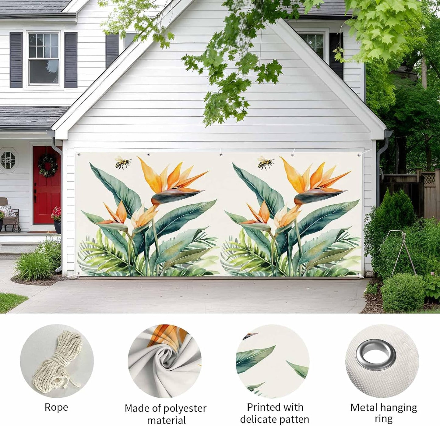 Jimehezon 8x6.9ft Summer Grommets Bird of Paradise Garage Door Banner Tropical Plant Bee Flower Botanical Garage Door