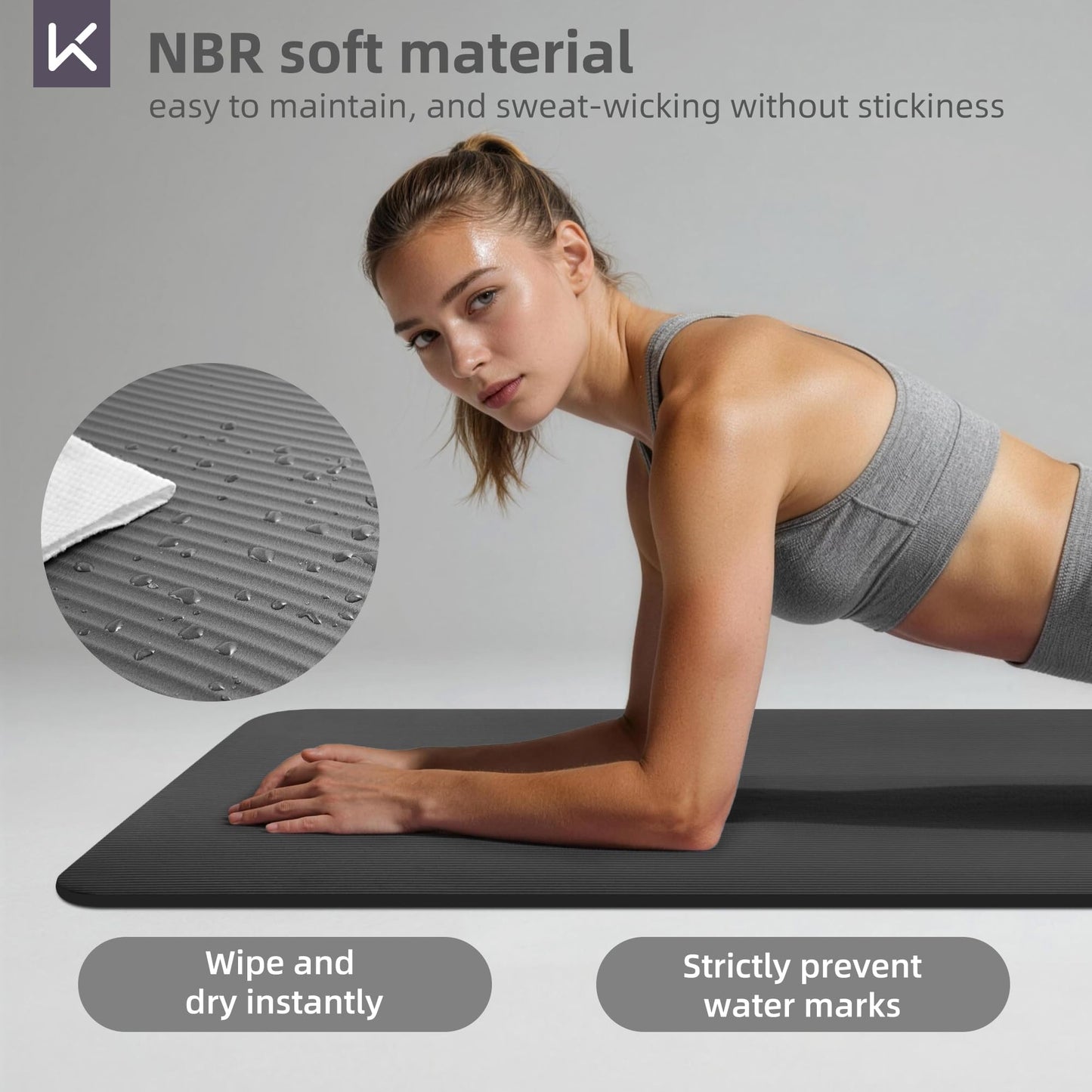 KEEP Extra Thick NBR Yoga Mat for Women & Men, 15mm Thick, 72”x32” Large Exercise Mat with Non-Slip Workout Mat for Yoga, Pilates, Stretching, Meditation – Wide & Cushioned Fitness Mat,Grey