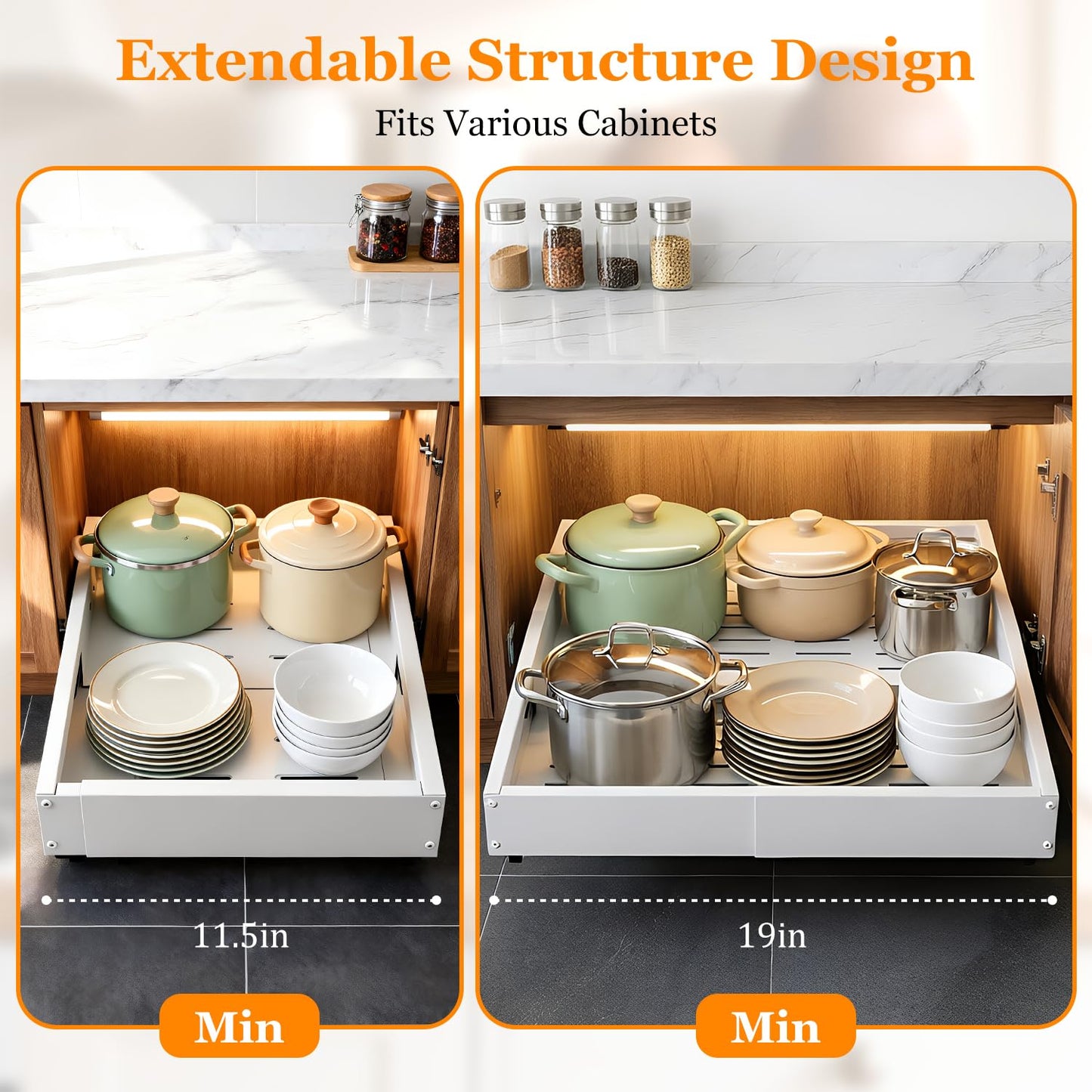 Philosun Pull Out Cabinet Organizer for Kitchen,Full Expandable Width 12"-19" Depth 16"-22" Cabinet Drawers Slide Out No Drill Adhesive,Cabinet Pull Out Shelves for Kitchen Pots Pans Spices 2Pack
