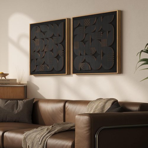Framed 3D Black Abstract Wood Wall Art - Set of 2 Modern Geometric Paintings | Minimalist Decor 24x24 Inch
